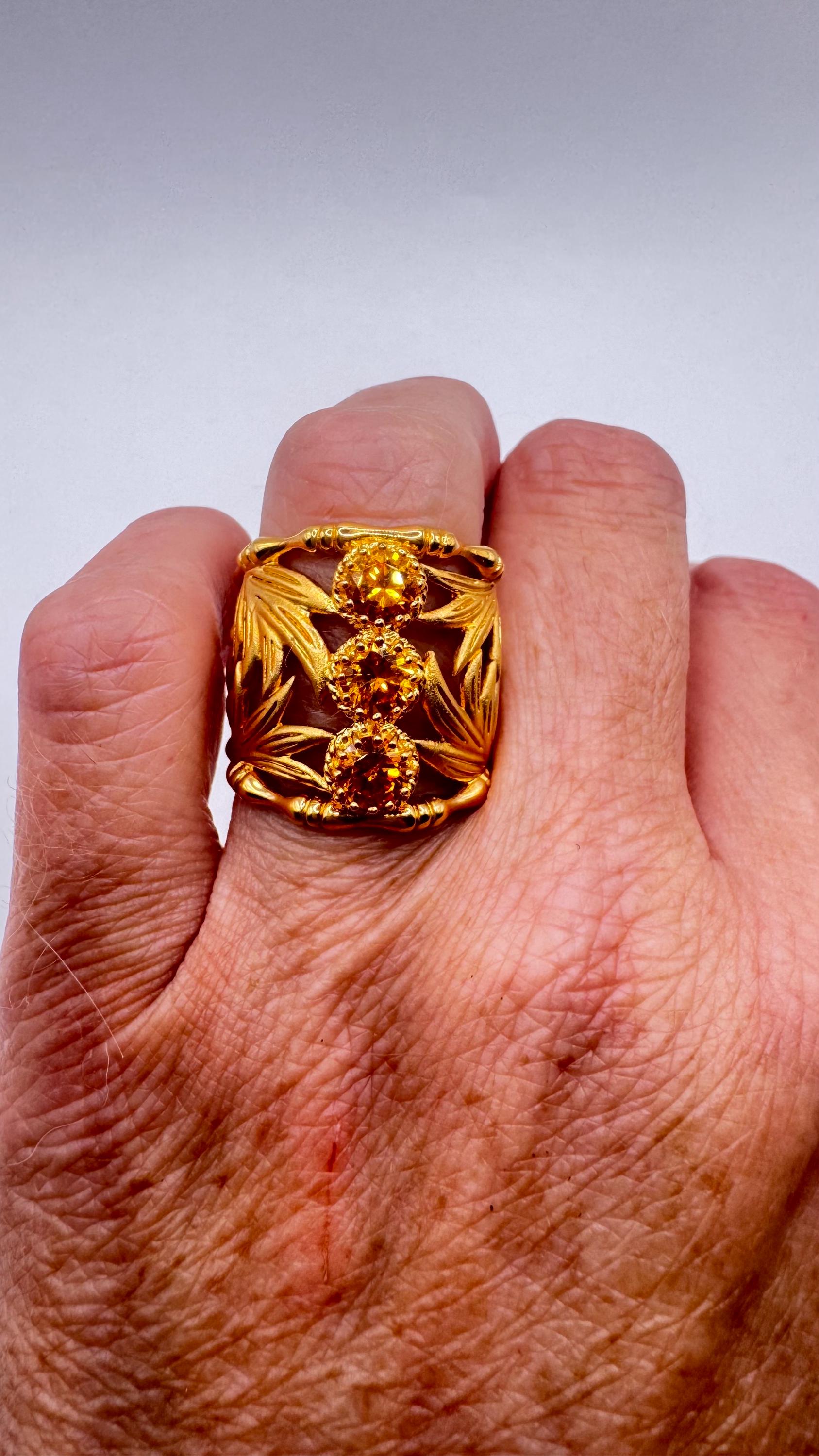 Vintage Golden Genuine Citrine 925 Sterling Silver Bamboo Ring cigar band