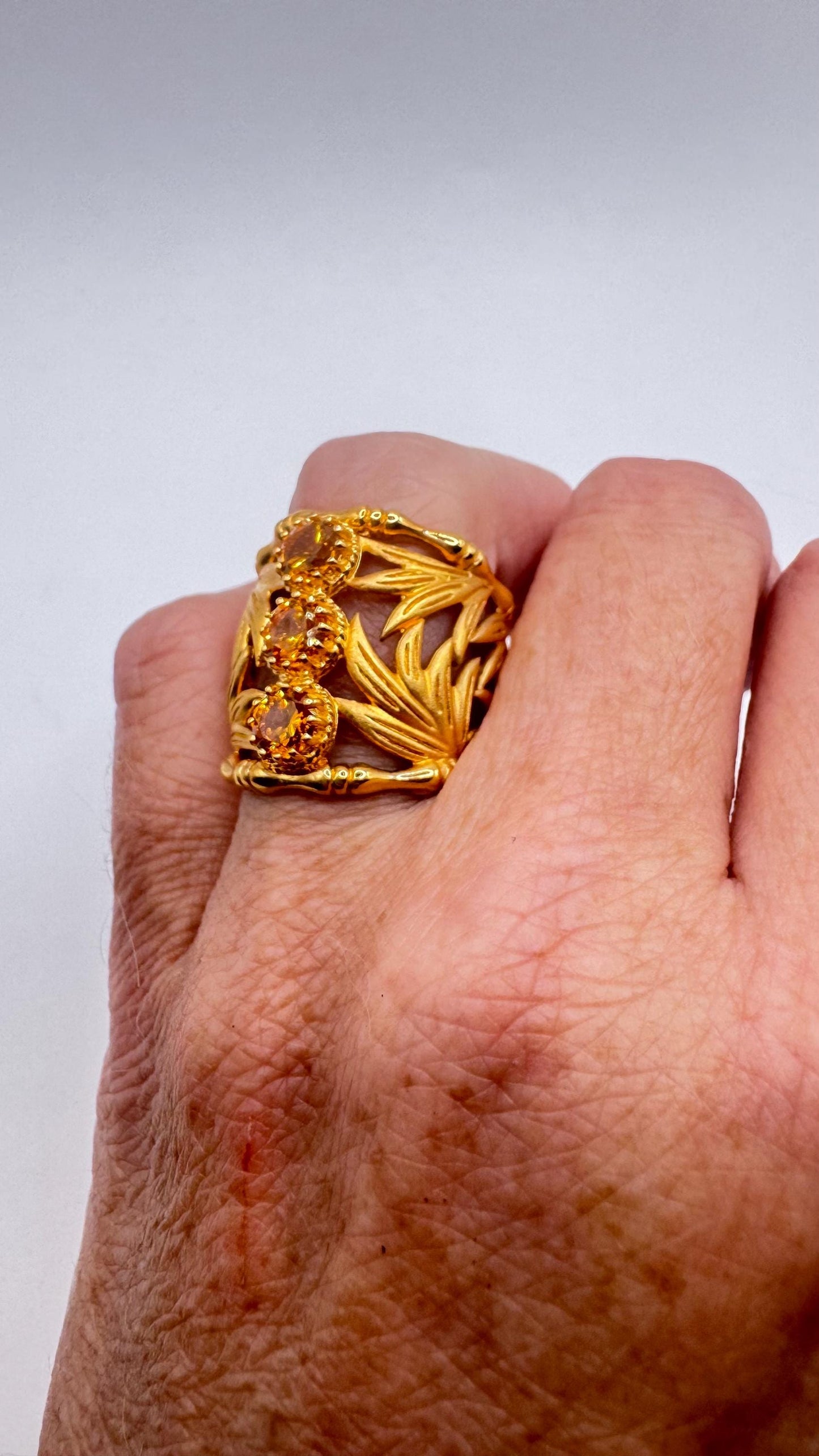 Vintage Golden Genuine Citrine 925 Sterling Silver Bamboo Ring cigar band
