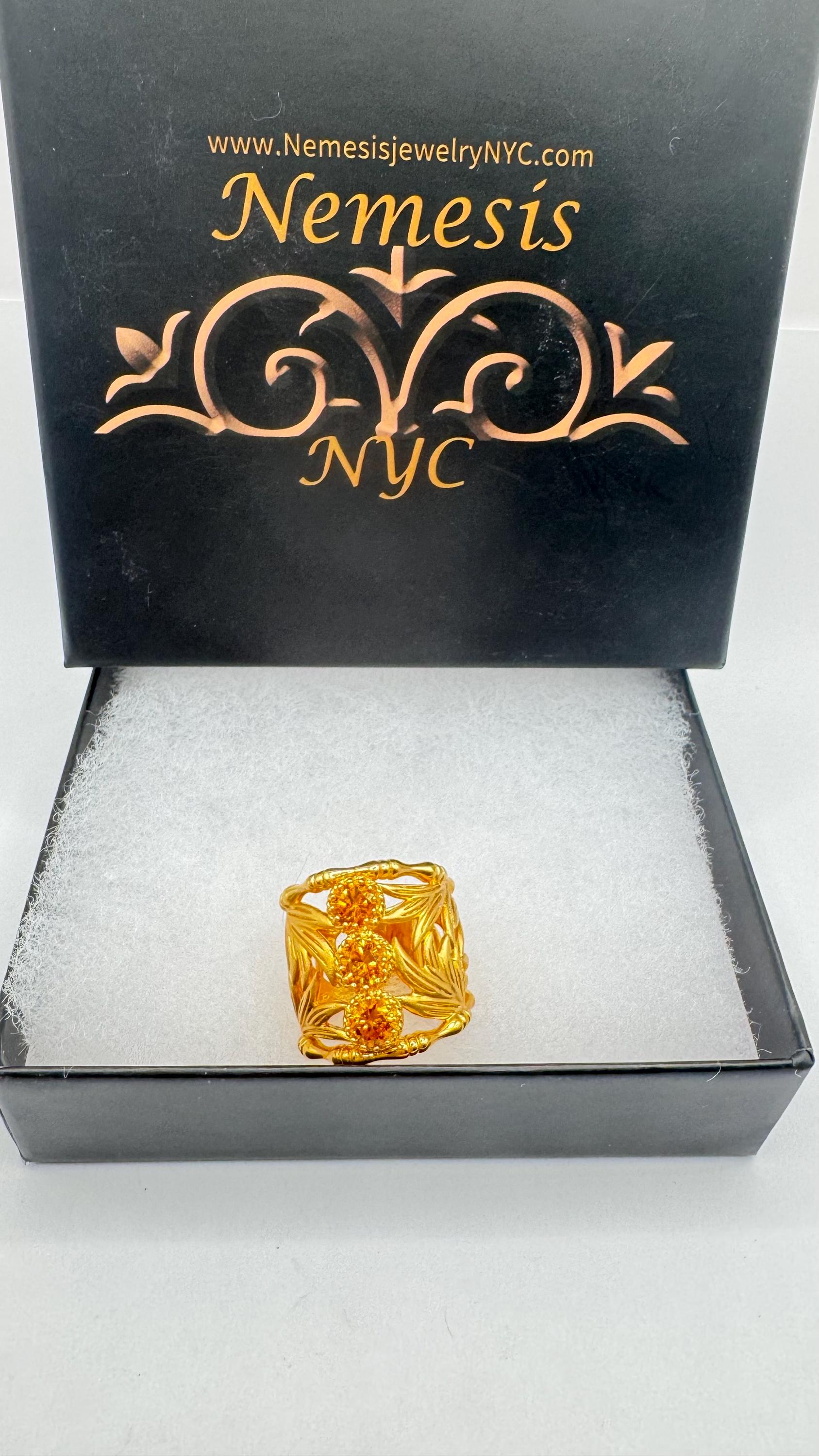 Vintage Golden Genuine Citrine 925 Sterling Silver Bamboo Ring cigar band