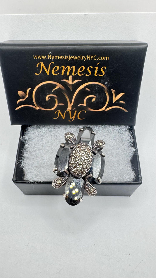 Vintage Marcasite Black Onyx 925 Sterling Silver Cocktail Ring