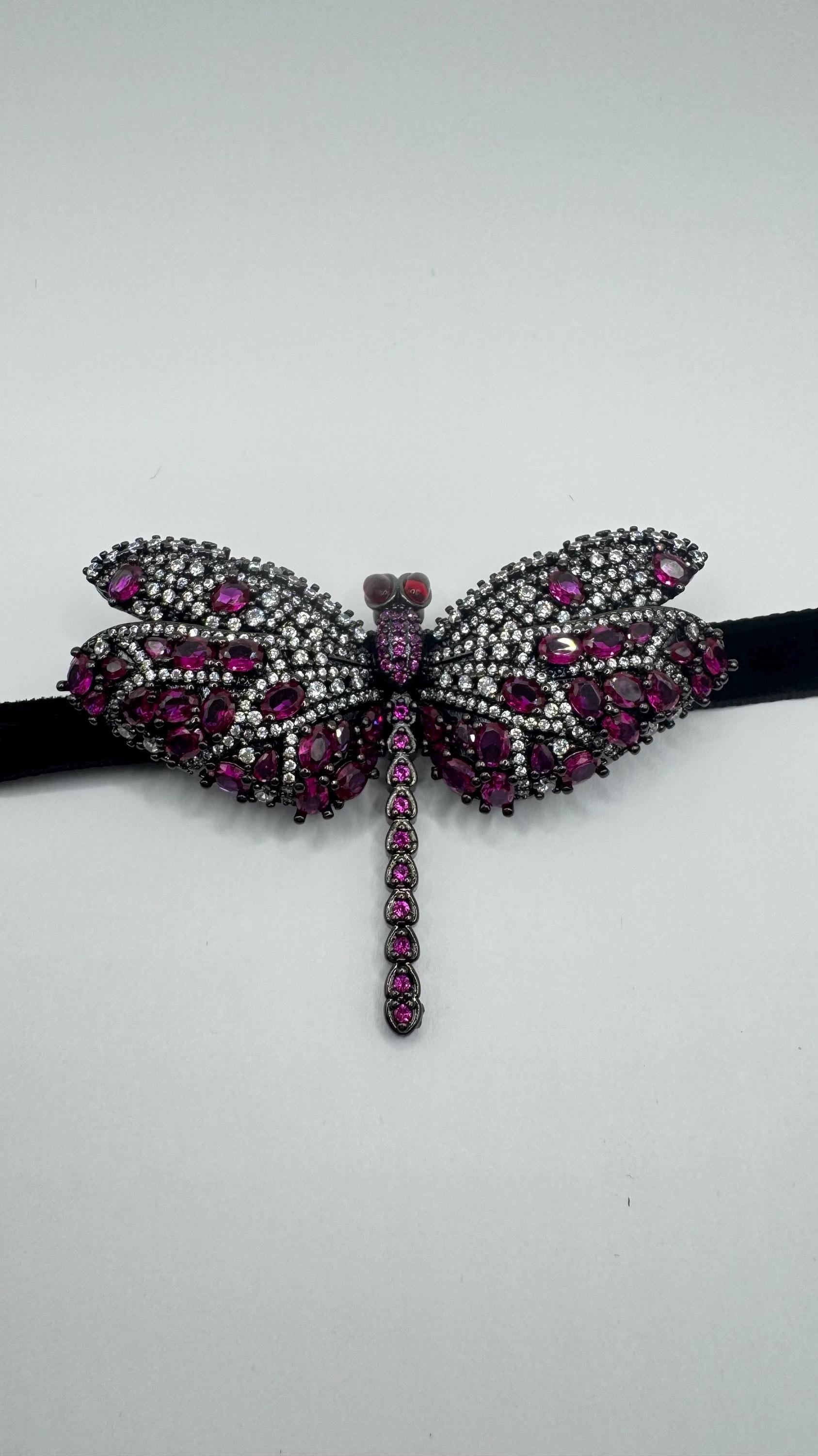 Vintage Red Crystal Gothic Styled Silver Finished Butterfly Choker Necklace Broach