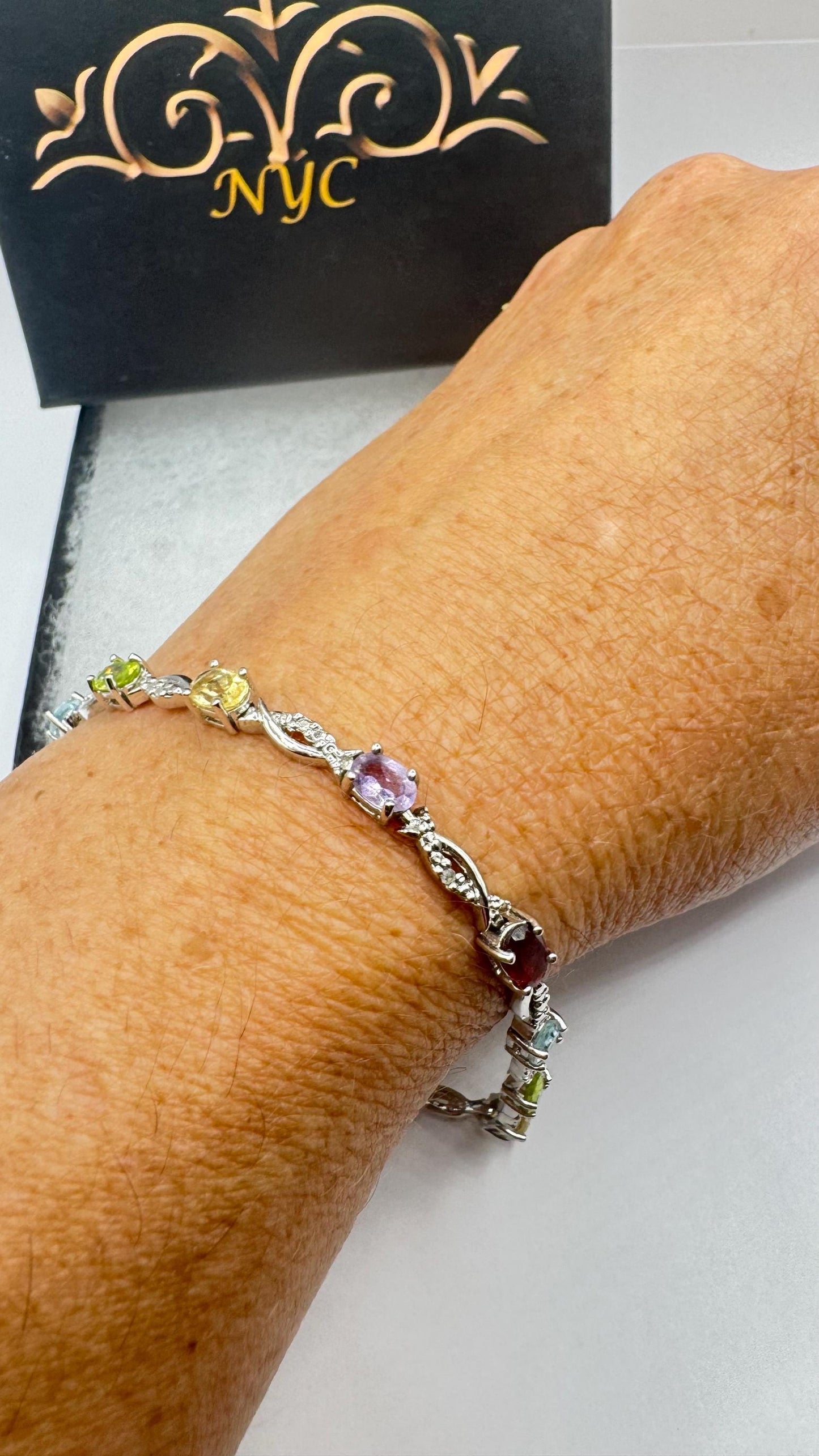 Vintage Mixed Gemstone Rhodium 925 Sterling Silver Tennis Bracelet