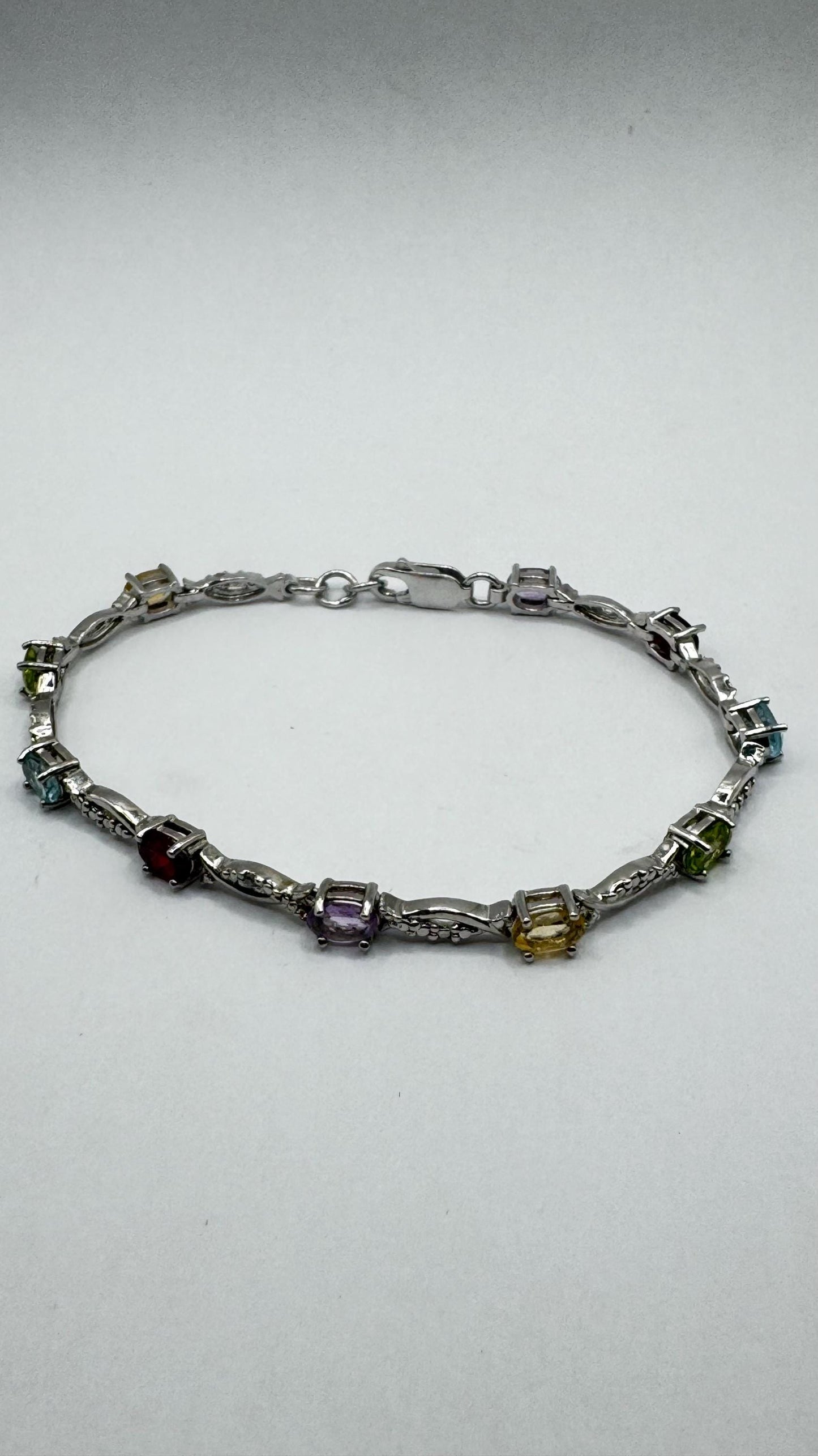 Vintage Mixed Gemstone Rhodium 925 Sterling Silver Tennis Bracelet