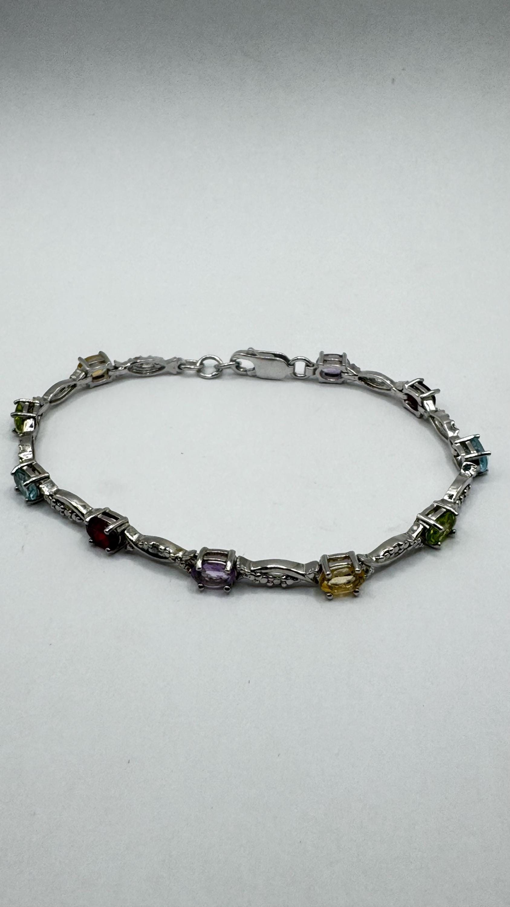 Vintage Mixed Gemstone Rhodium 925 Sterling Silver Tennis Bracelet