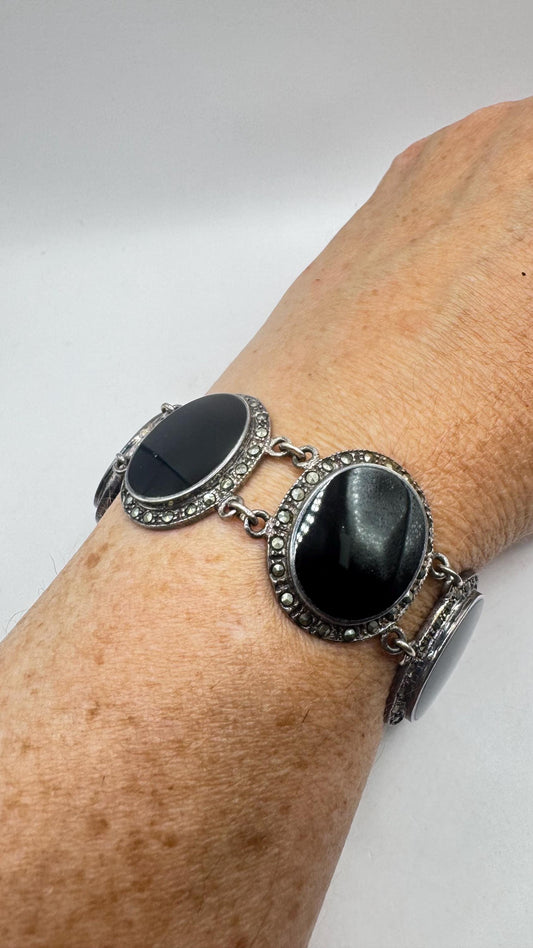 Vintage Marcasite Bracelet 925 Sterling Silver Black Onyx Marcasite