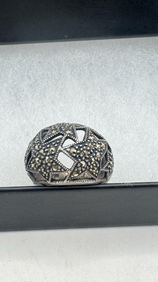 Vintage Handmade Genuine Swiss Marcasite Setting 925 Sterling Silver Gothic Ring
