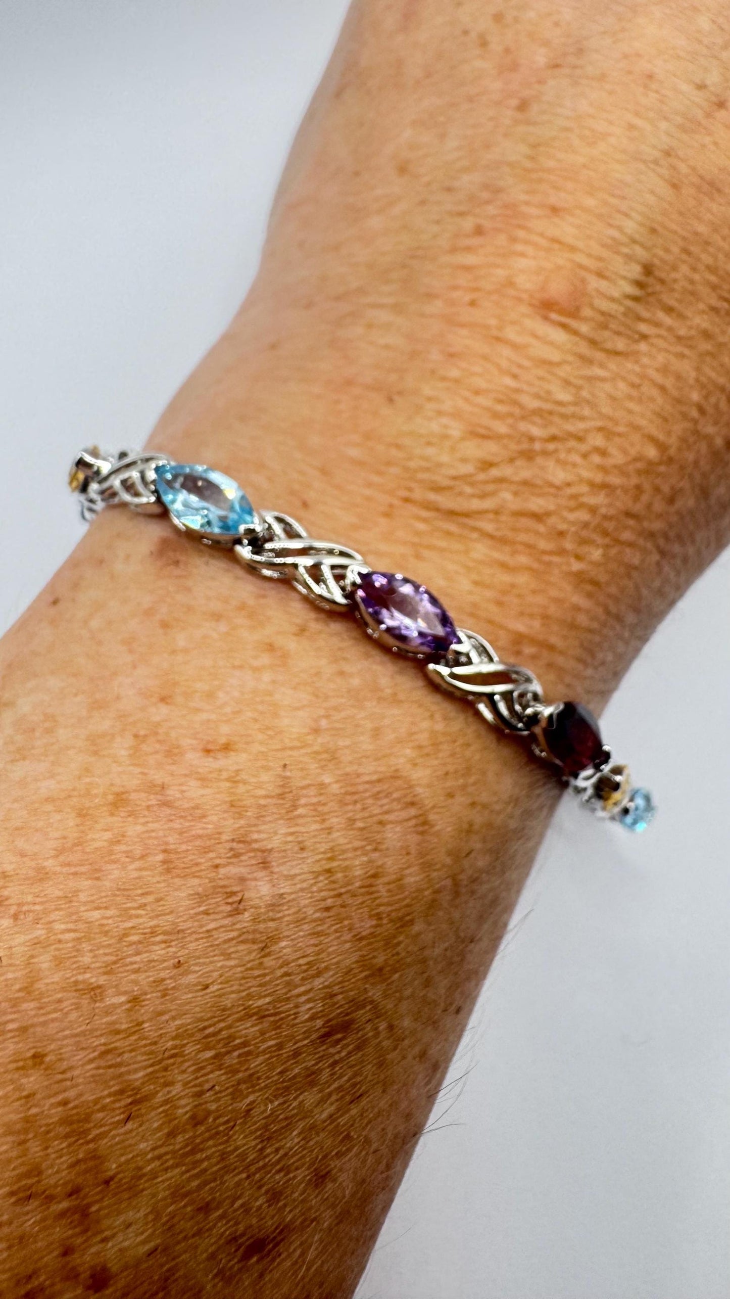 Handmade Garnet Amethyst Citrine Peridot in 925 Sterling Silver Tennis Bracelet