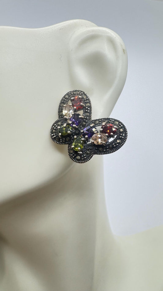 Vintage Butterfly Sterling Silver Marcasite Button Earrings