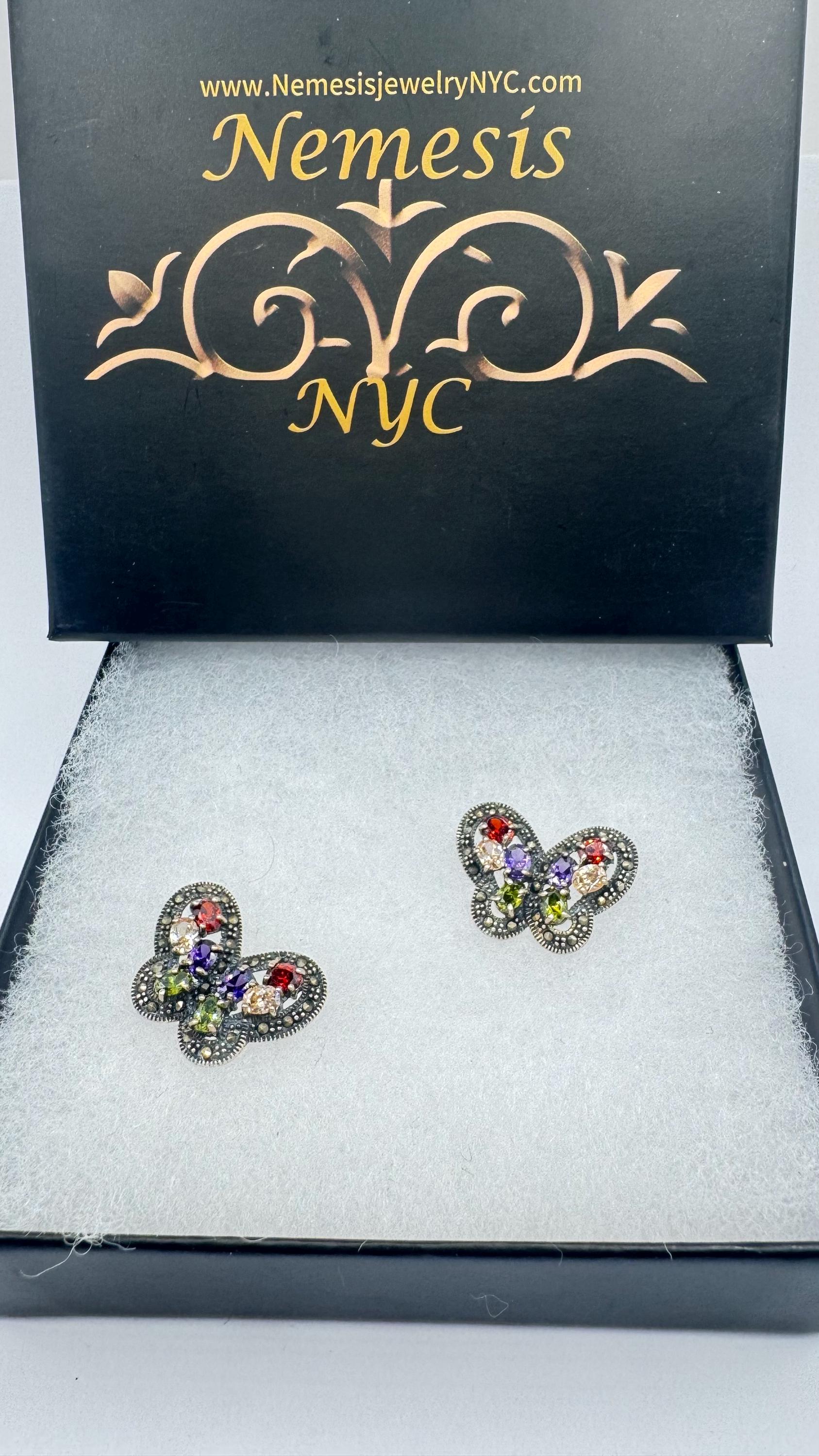 Vintage Butterfly Sterling Silver Marcasite Button Earrings
