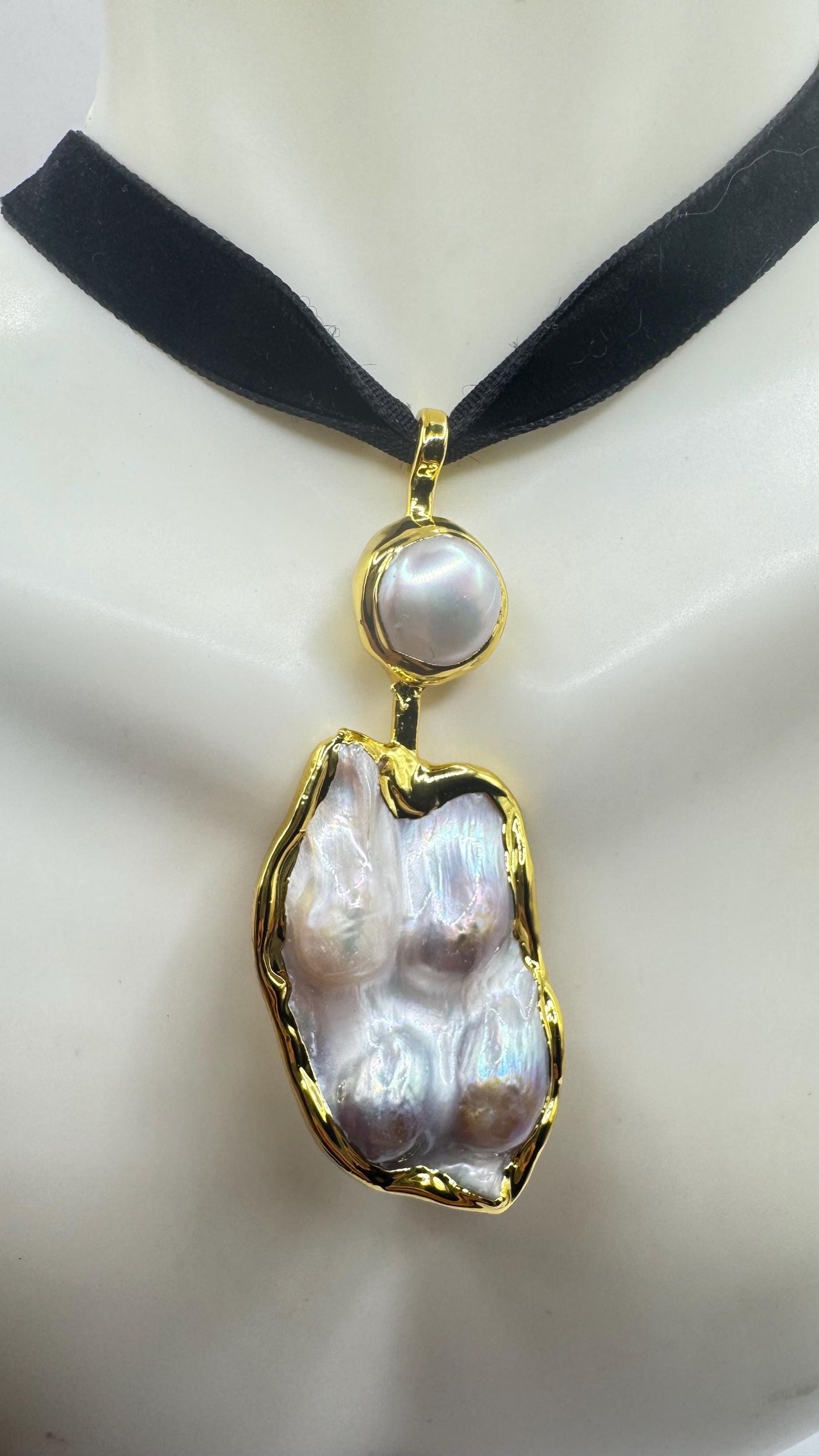 Vintage White Biwa Pearl Gold 925 Sterling Silver Choker Necklace