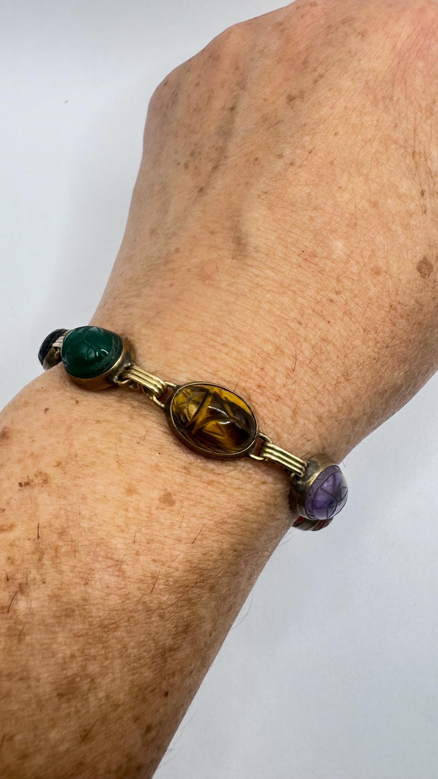 Vintage Scarab Bracelet Gold filled Carved Gemstones