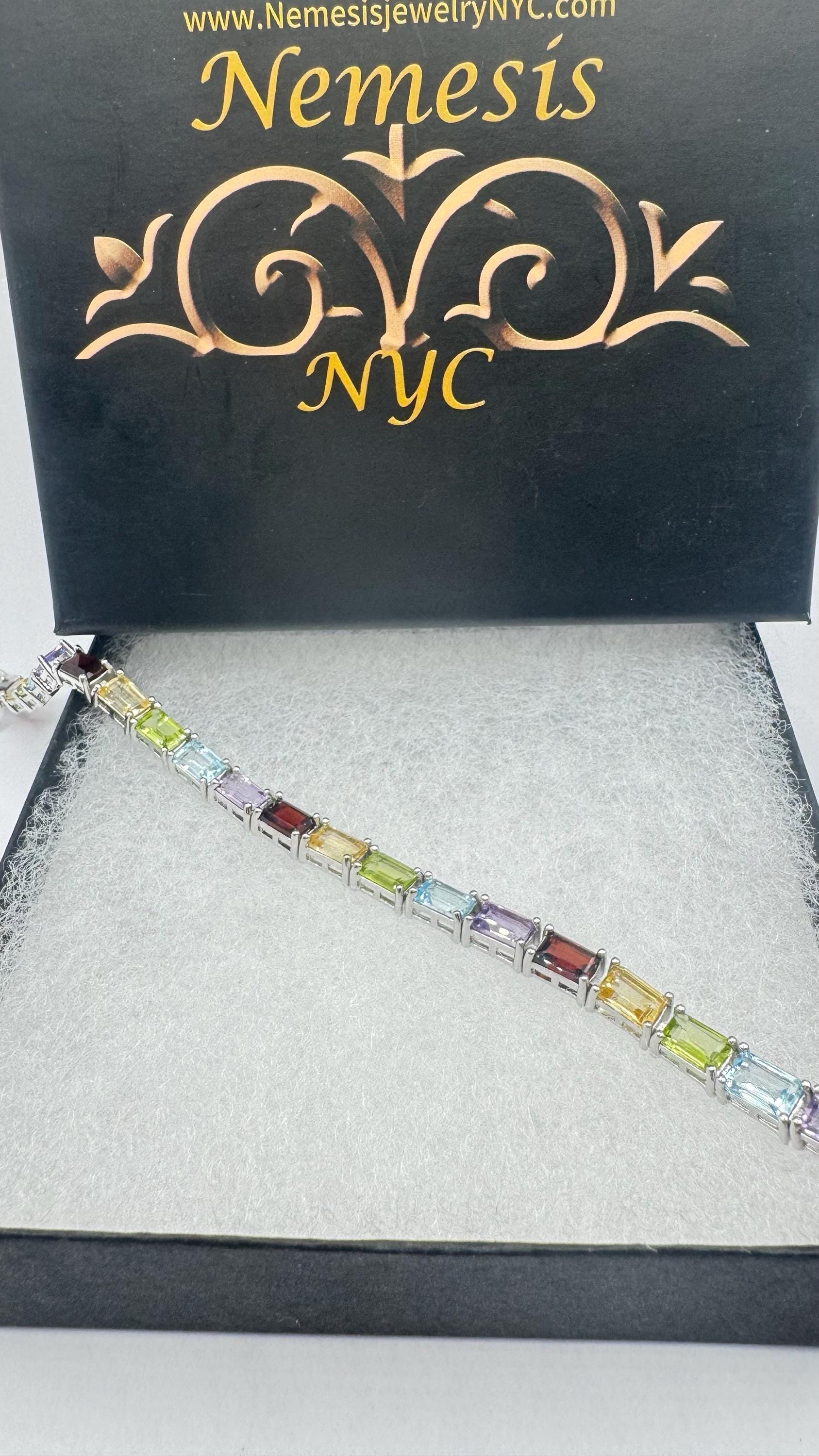 Handmade Genuine Mixed Gemstone 925 Sterling Silver Tennis Bracelet