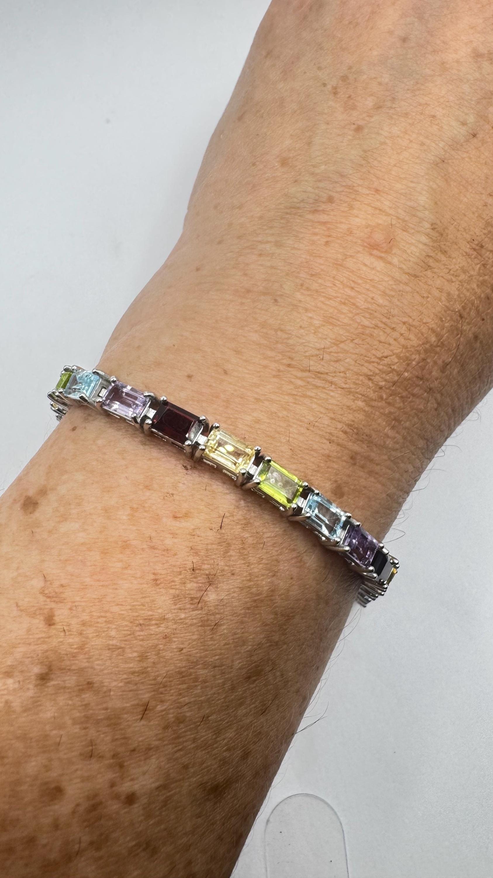 Handmade Genuine Mixed Gemstone 925 Sterling Silver Tennis Bracelet