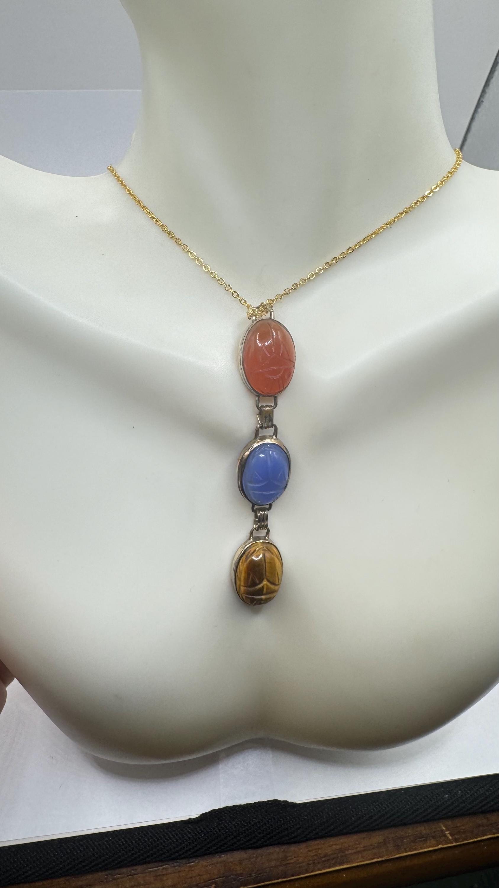 Vintage Carved Scarab Gemstone Gold Filled Choker Necklace