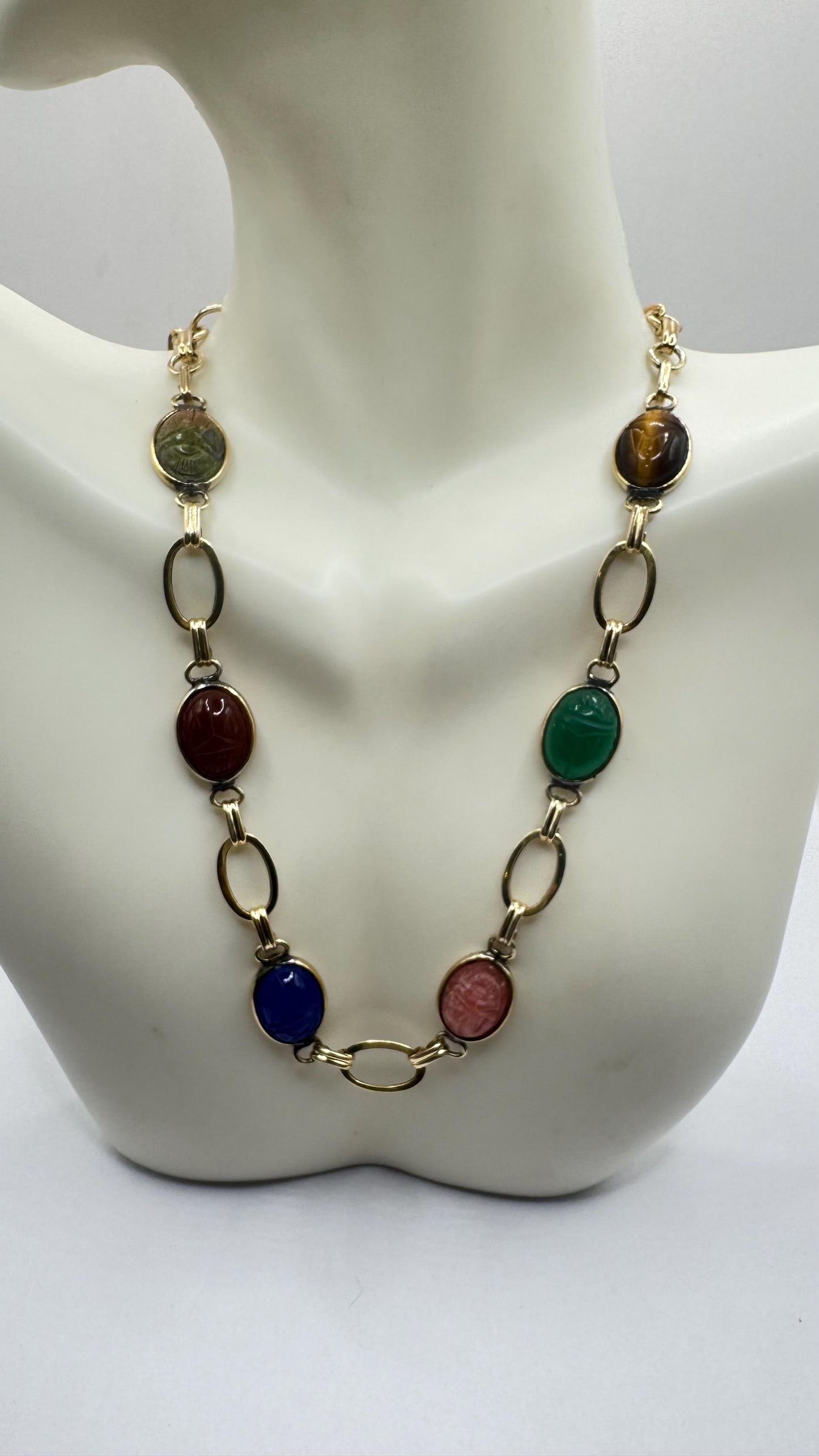 Vintage Green Jade Mixed Stone scarab Yellow 12k Gold Fill Necklace