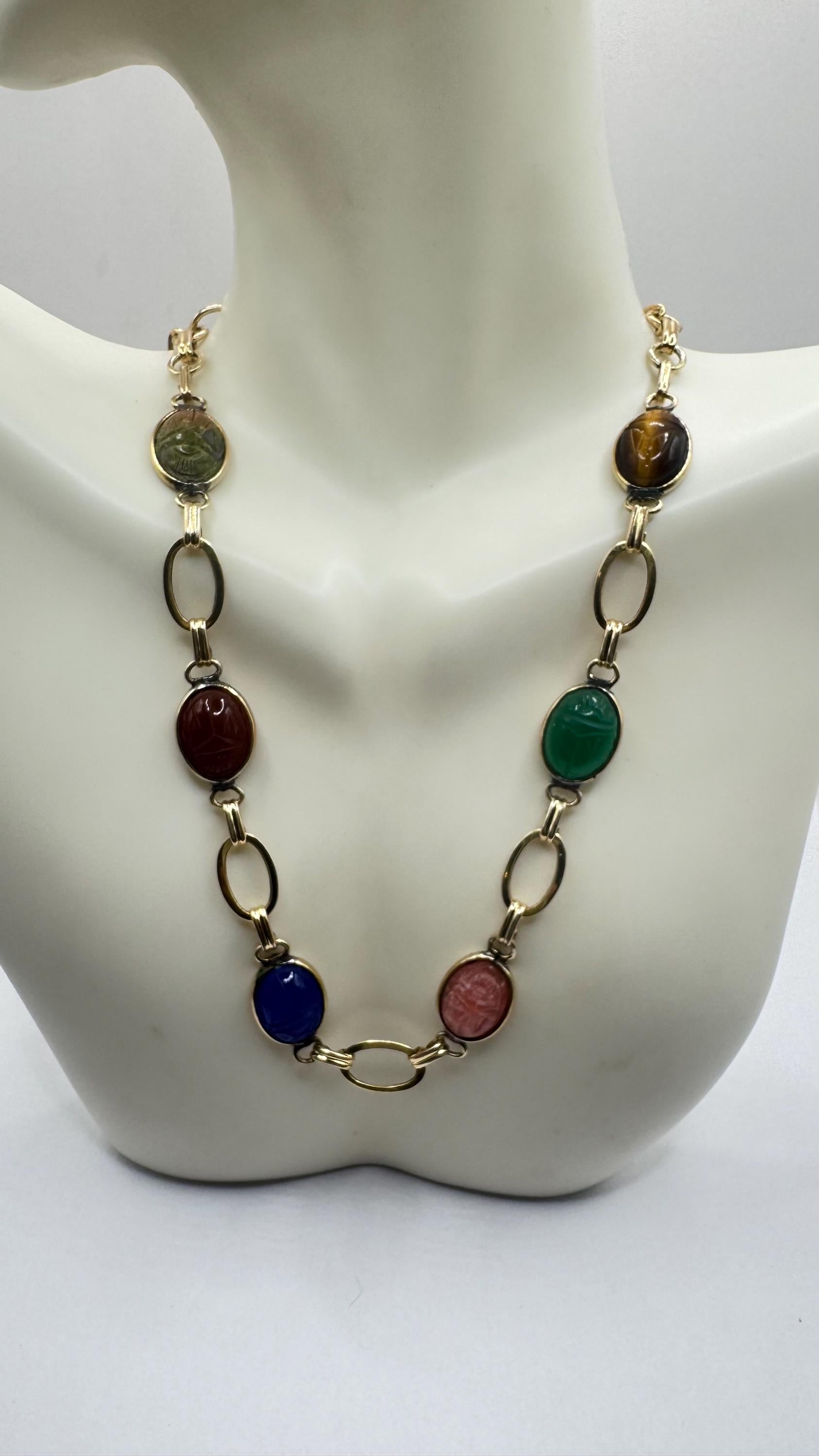 Vintage Green Jade Mixed Stone scarab Yellow 12k Gold Fill Necklace