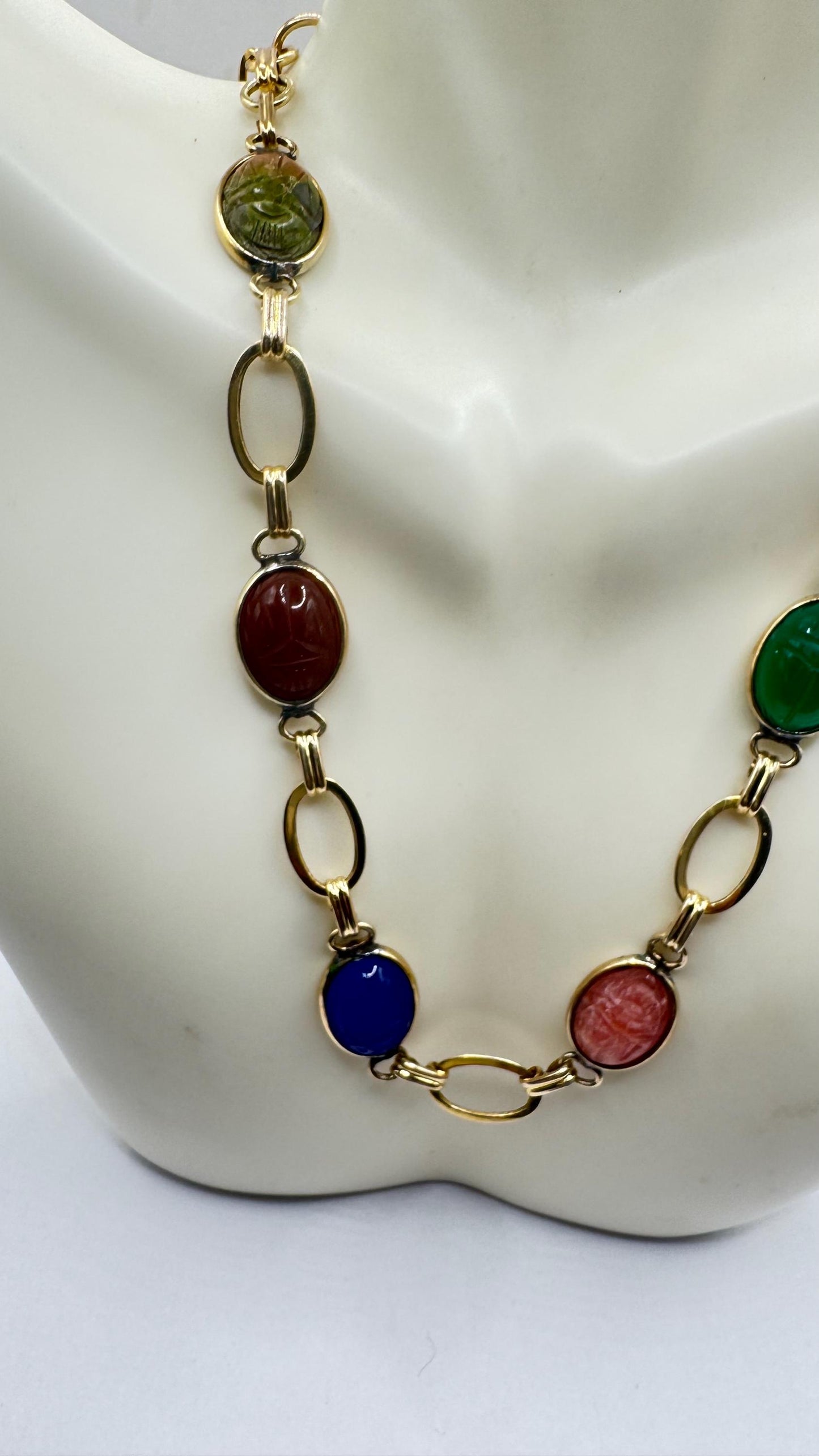 Vintage Green Jade Mixed Stone scarab Yellow 12k Gold Fill Necklace