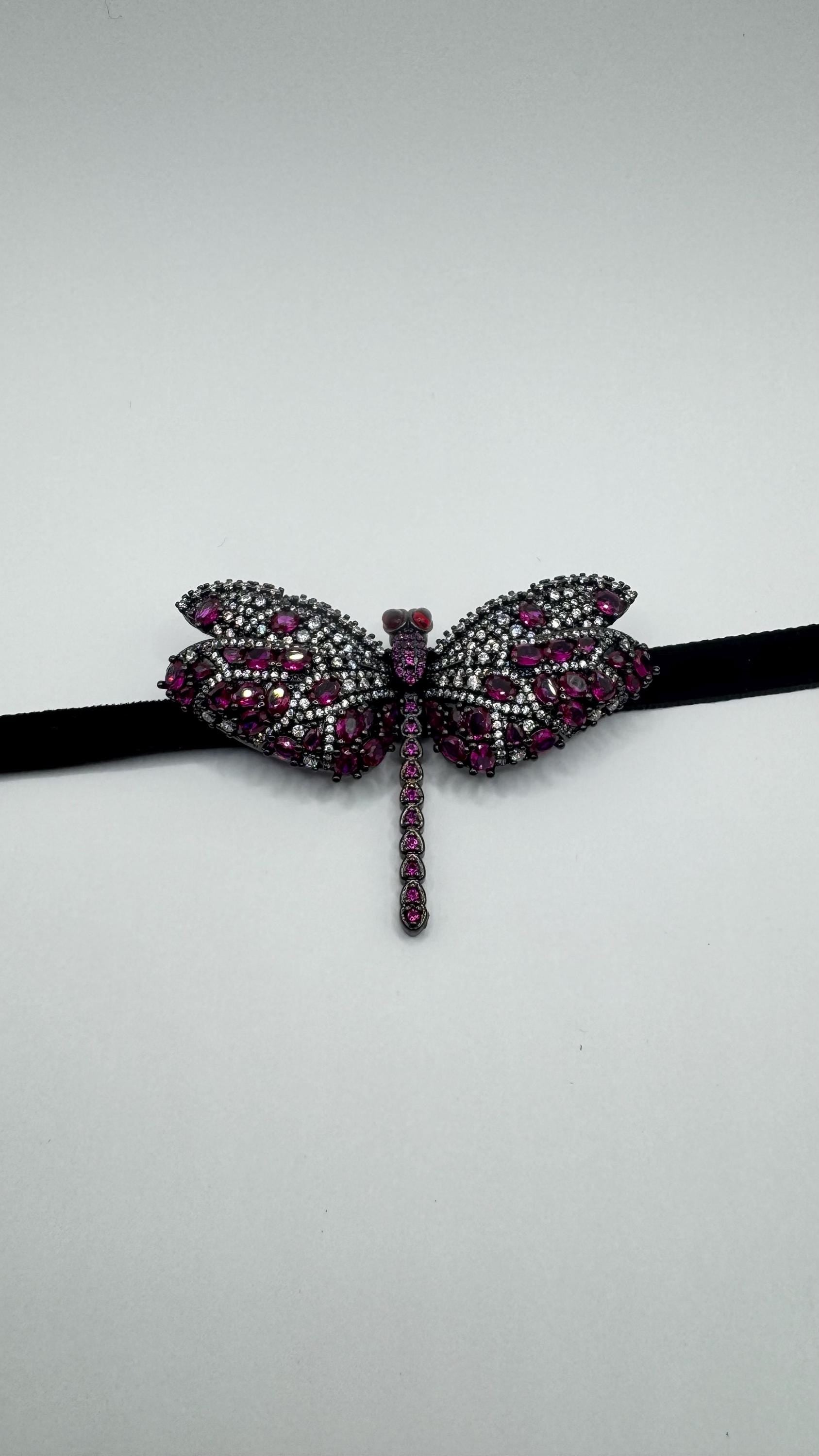 Vintage Red Crystal Gothic Styled Silver Finished Butterfly Choker Necklace Broach