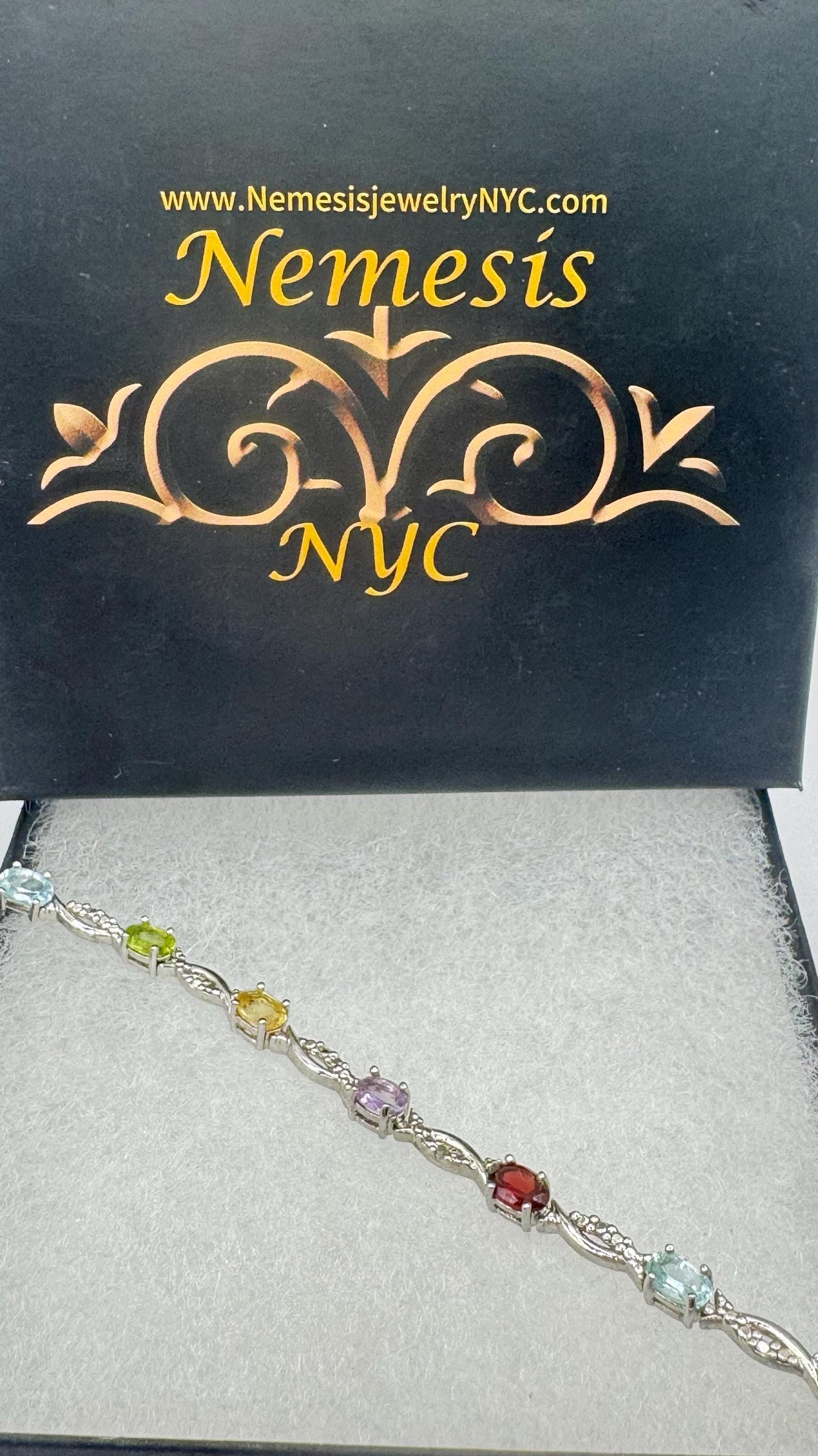 Vintage Mixed Gemstone Rhodium 925 Sterling Silver Tennis Bracelet