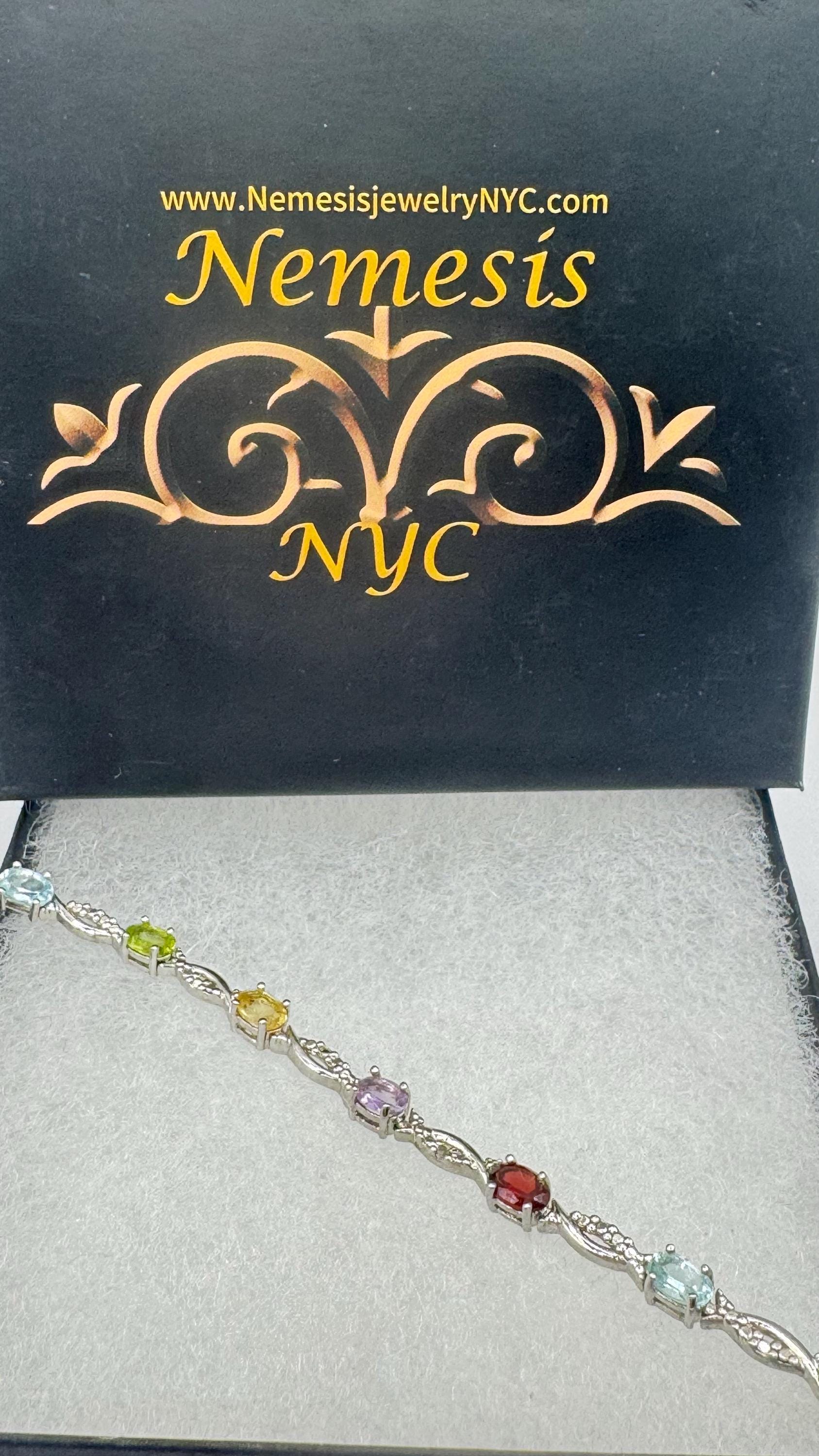 Vintage Mixed Gemstone Rhodium 925 Sterling Silver Tennis Bracelet