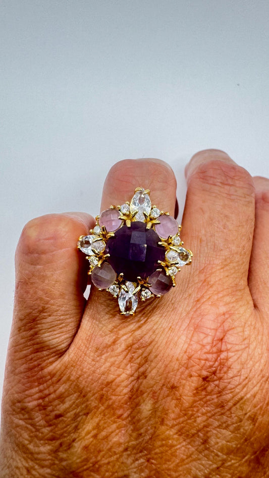 Vintage Boho Purple Amethyst gold chunky Cocktail adjustable ring
