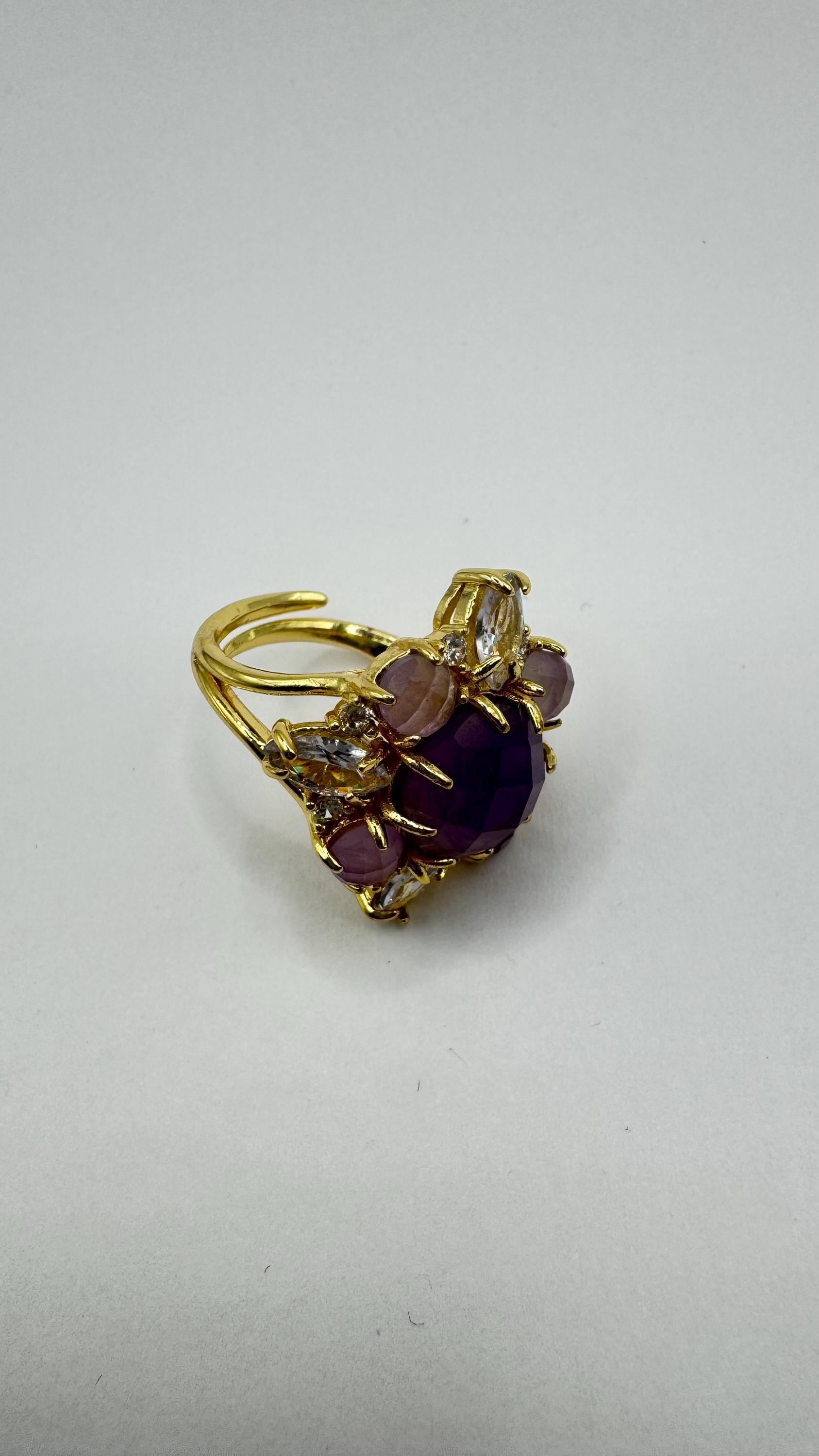 Vintage Boho Purple Amethyst gold chunky Cocktail adjustable ring
