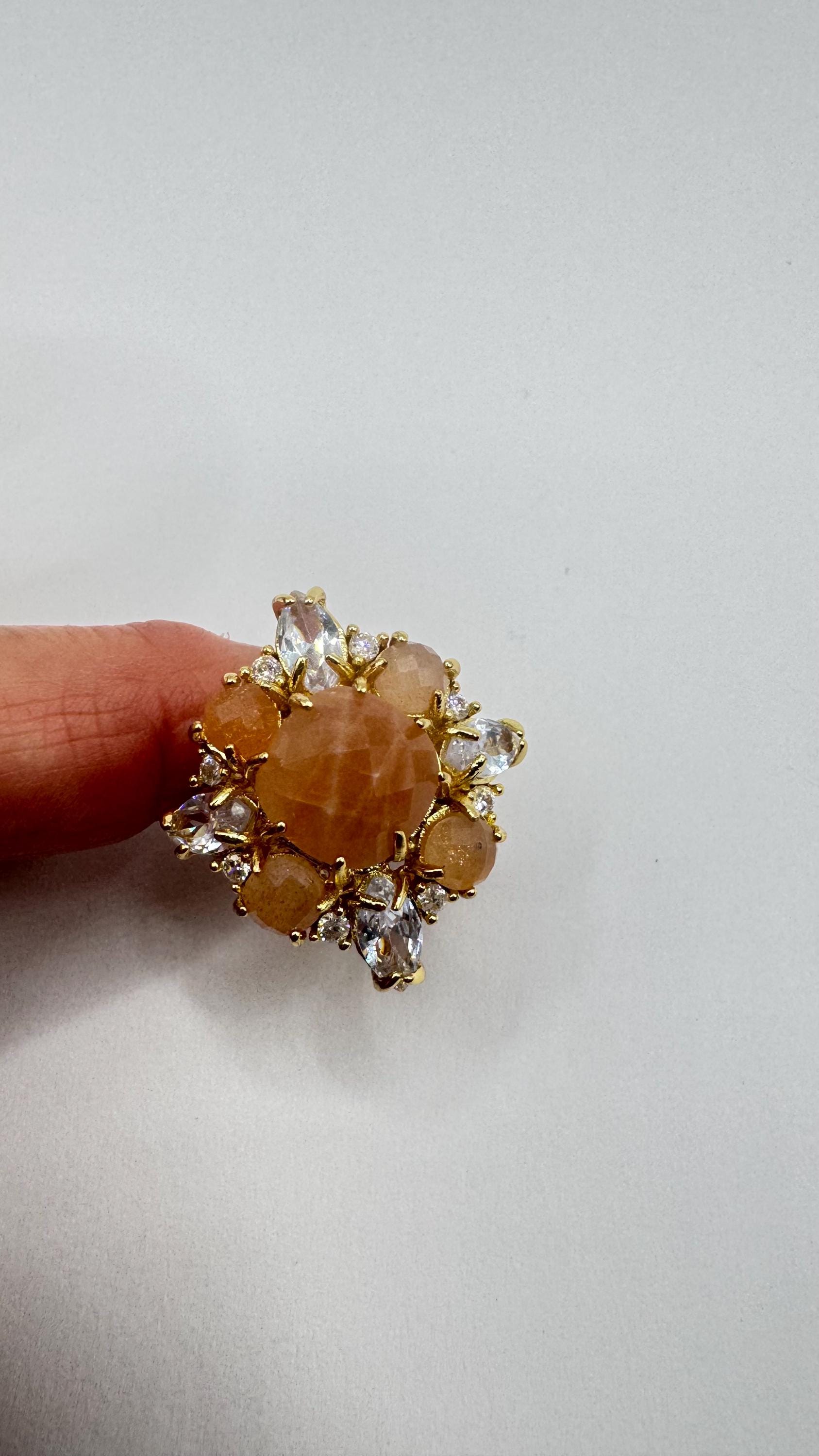 Vintage Genuine Rose Quartz Golden Cocktail Adjustable Ring
