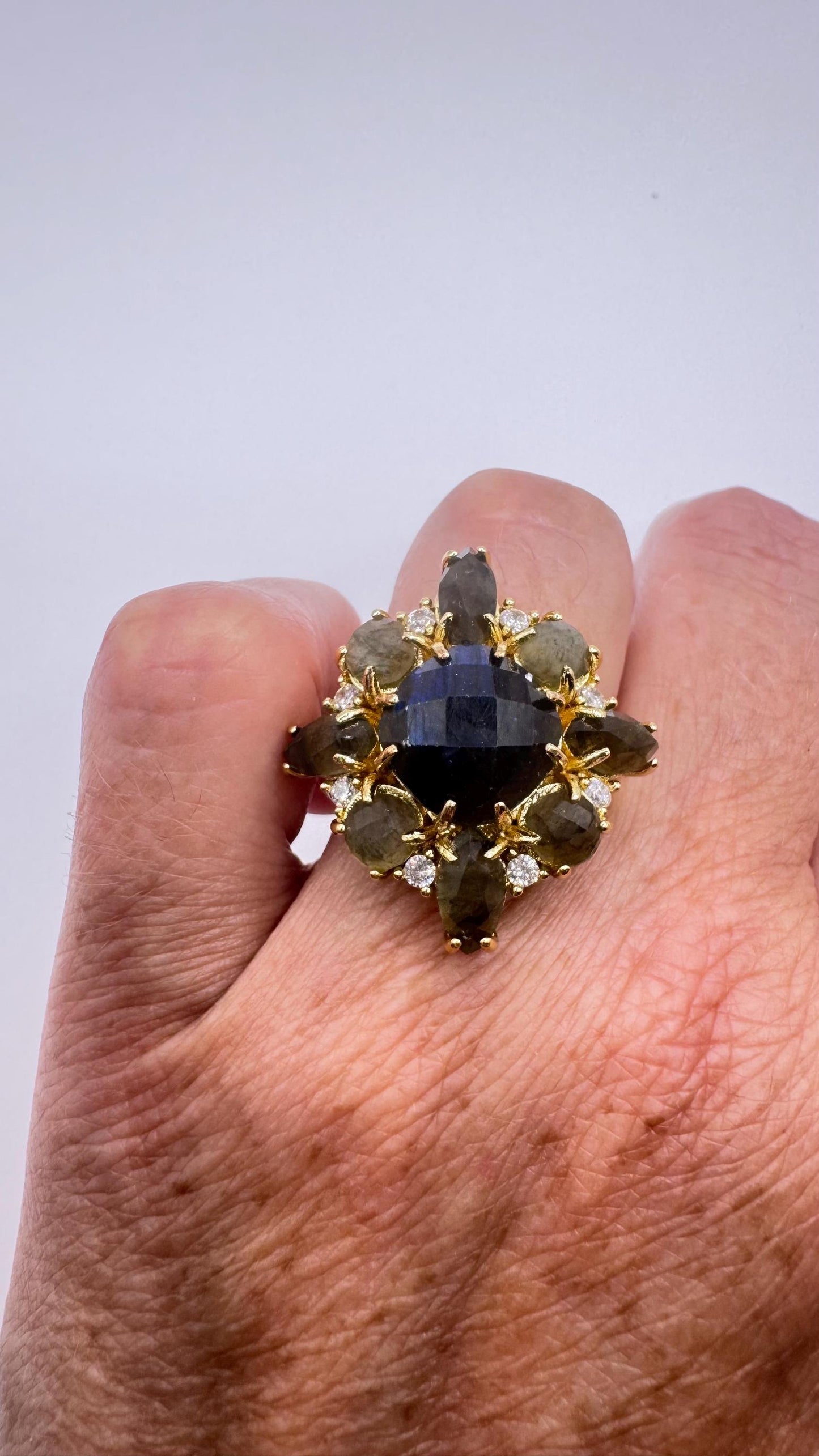 Vintage Large Labradorite Rainbow Moonstone Stone Gold Adjustable Cocktail Ring