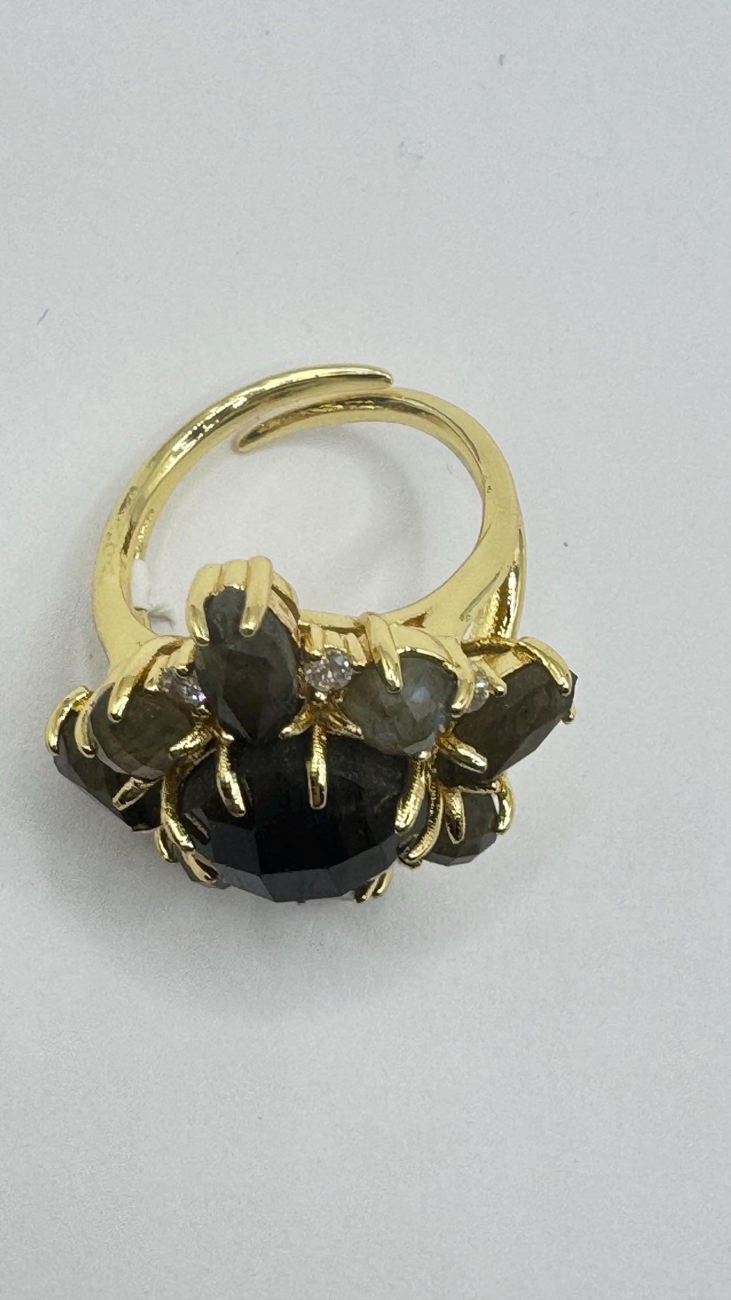 Vintage Large Labradorite Rainbow Moonstone Stone Gold Adjustable Cocktail Ring