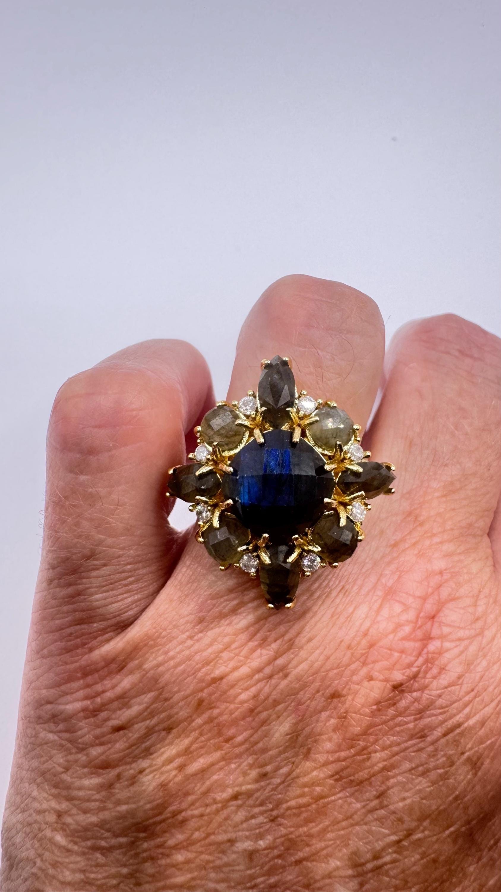 Vintage Large Labradorite Rainbow Moonstone Stone Gold Adjustable Cocktail Ring