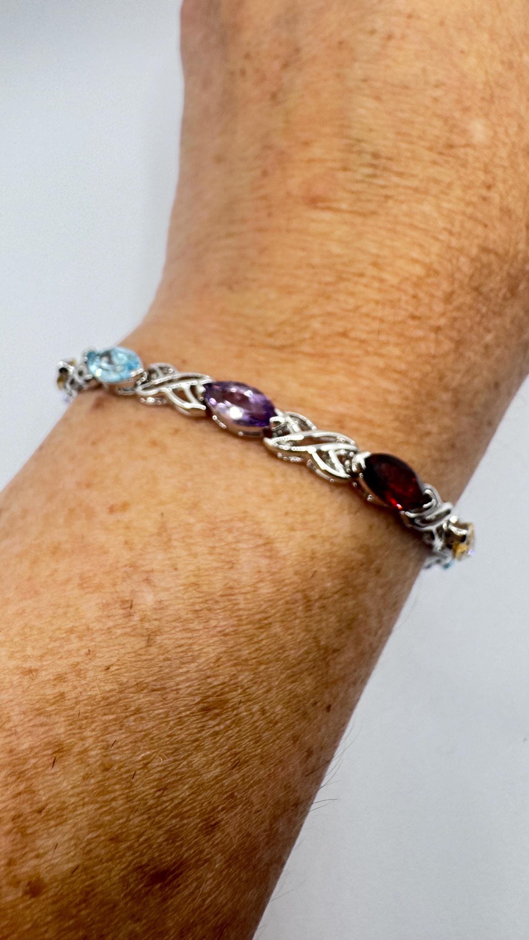 Handmade Garnet Amethyst Citrine Peridot in 925 Sterling Silver Tennis Bracelet