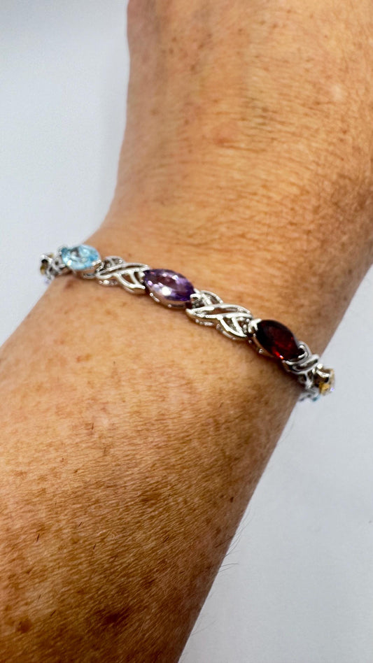 Handmade Garnet Amethyst Citrine Peridot in 925 Sterling Silver Tennis Bracelet