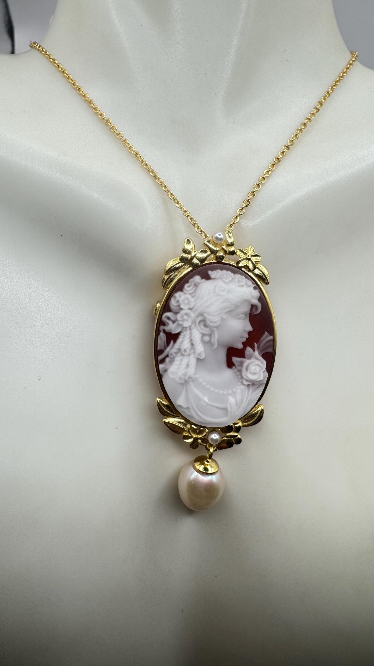 Vintage Shell three graces Cameo Yellow Gold Filled Necklace Choker pin brooch