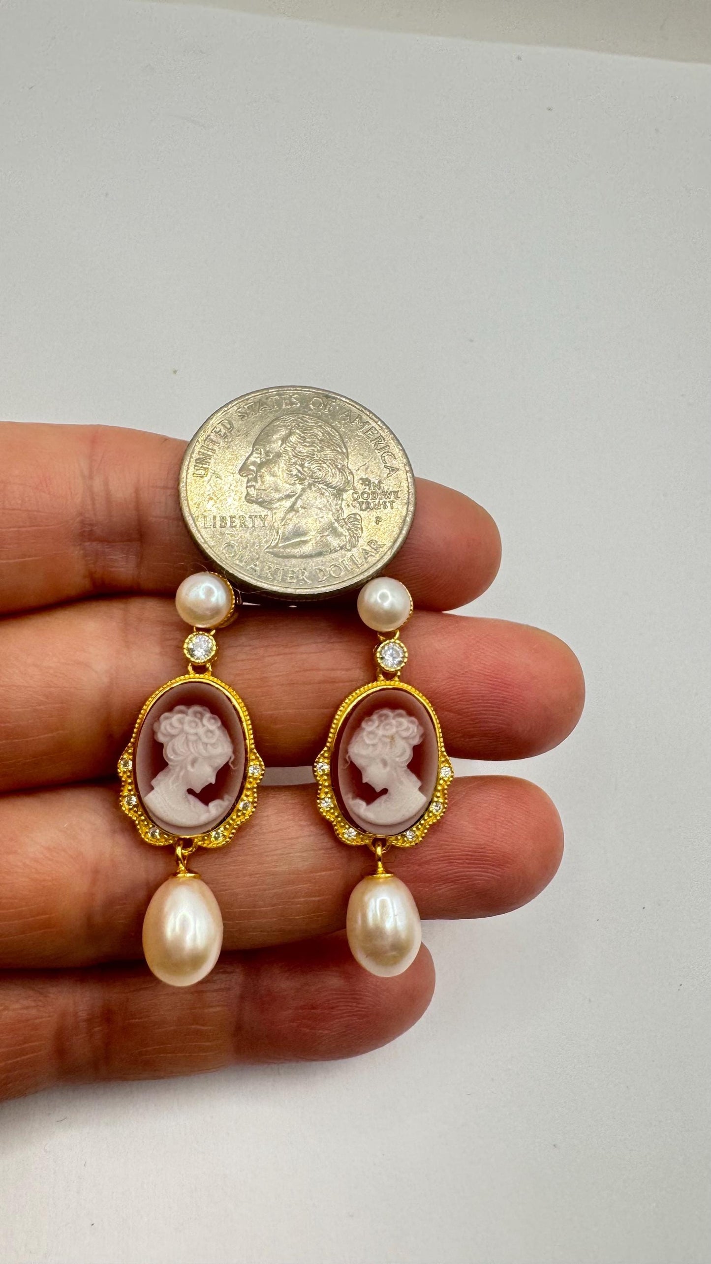 Vintage Cameo Yellow Gold 925 Sterling Silver dangle Earrings