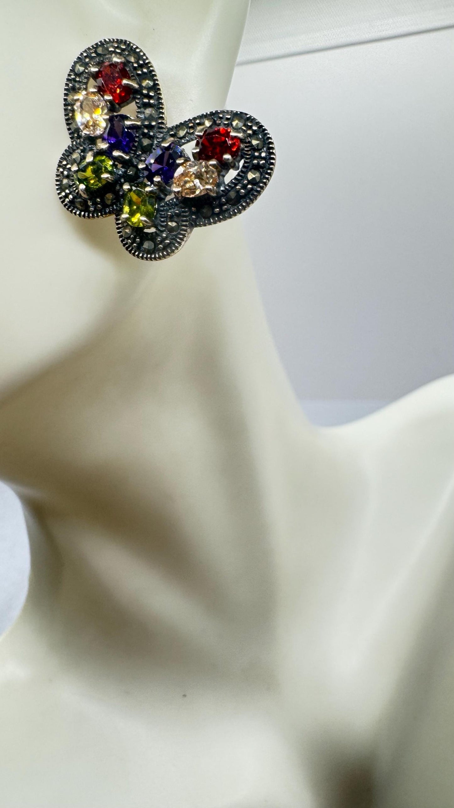 Vintage Butterfly Sterling Silver Marcasite Button Earrings