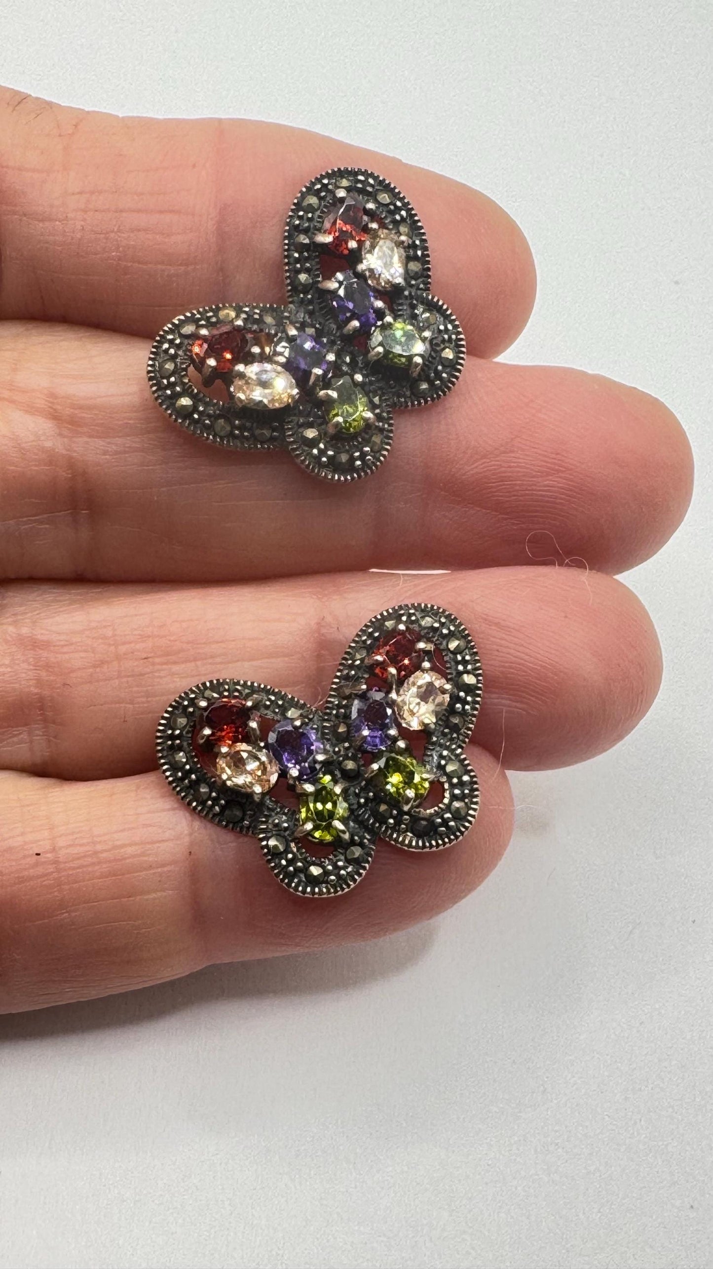 Vintage Butterfly Sterling Silver Marcasite Button Earrings
