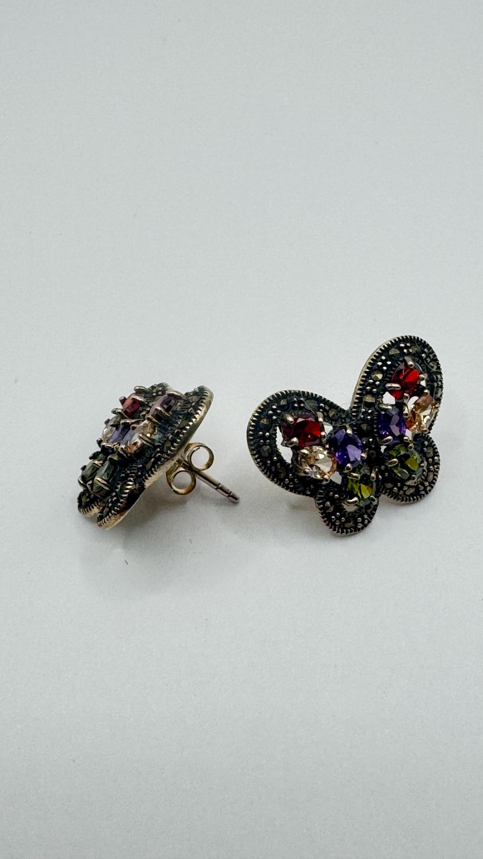 Vintage Butterfly Sterling Silver Marcasite Button Earrings