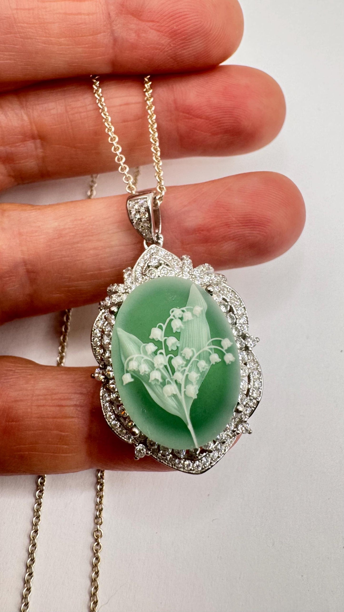 Vintage Carved Cameo Lily of the Valley 925 Sterling Silver Necklace Choker