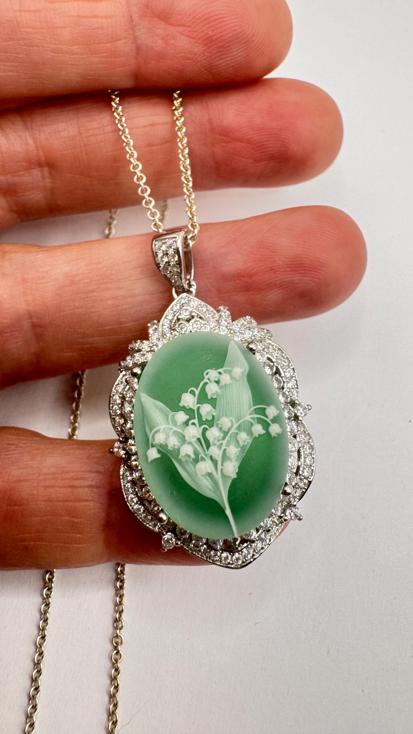 Vintage Carved Cameo Lily of the Valley 925 Sterling Silver Necklace Choker