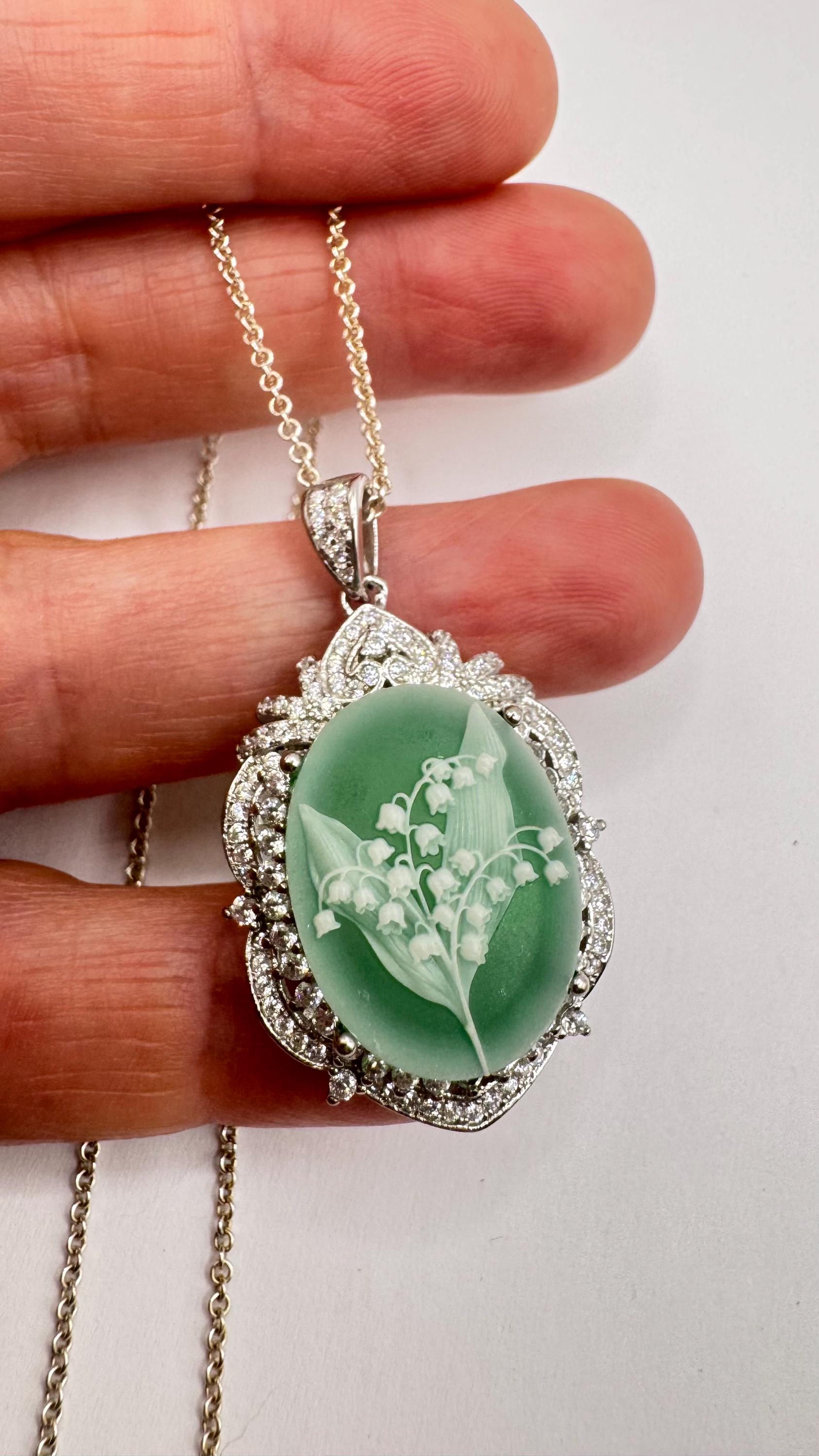 Vintage Carved Cameo Lily of the Valley 925 Sterling Silver Necklace Choker