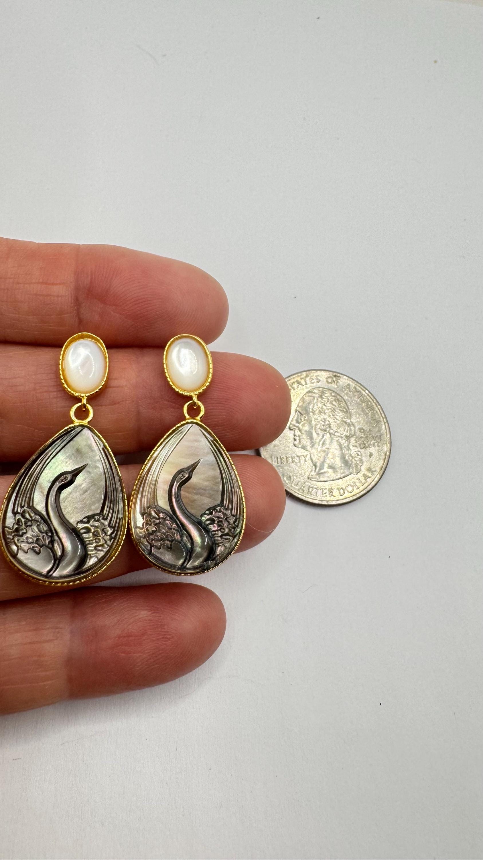 Vintage Carved Swan Cameo Carved 925 Sterling Silver Rainbow Abalone Chandelier Drop Earrings