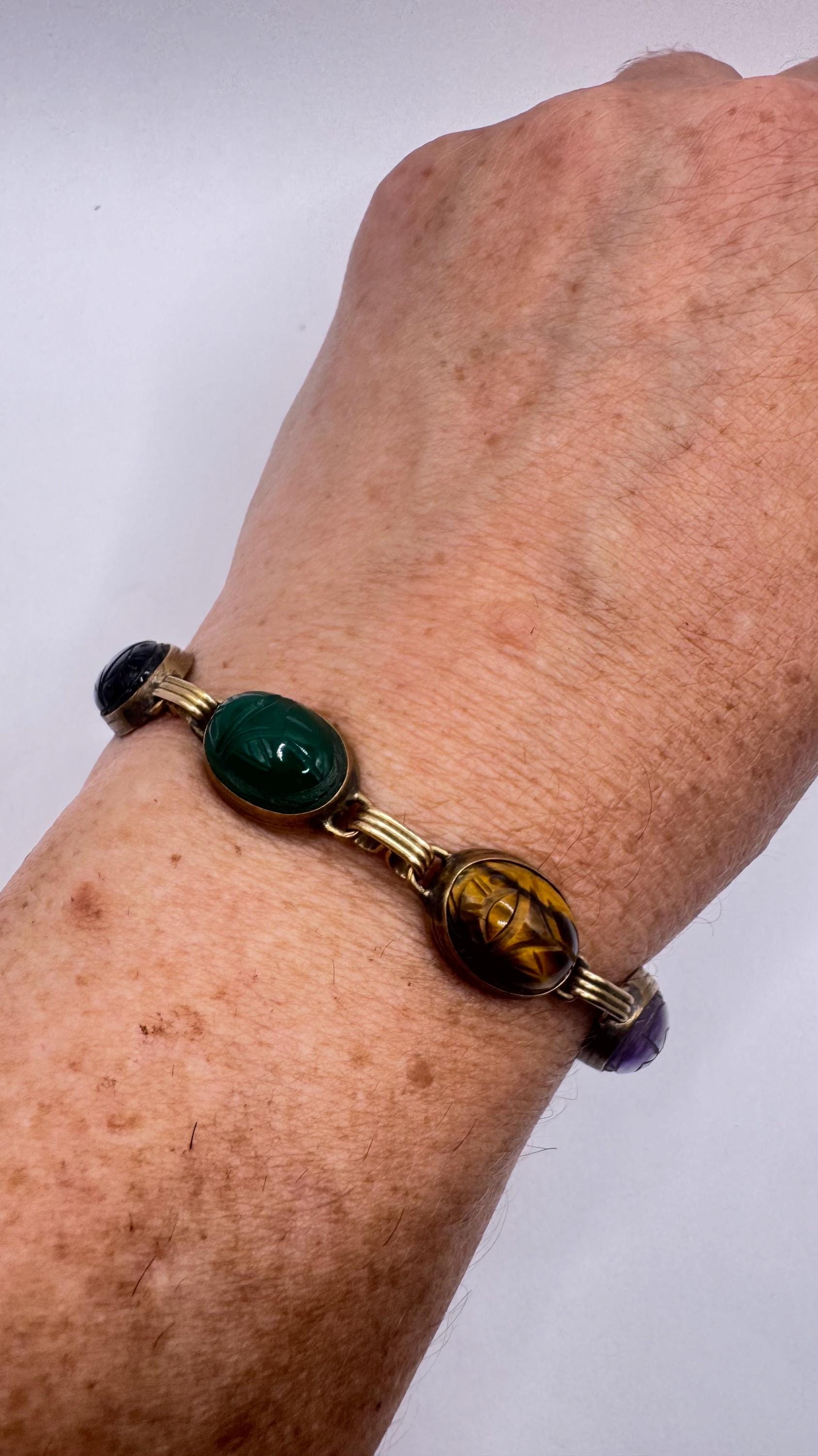 Vintage Scarab Bracelet Gold filled Carved Gemstones
