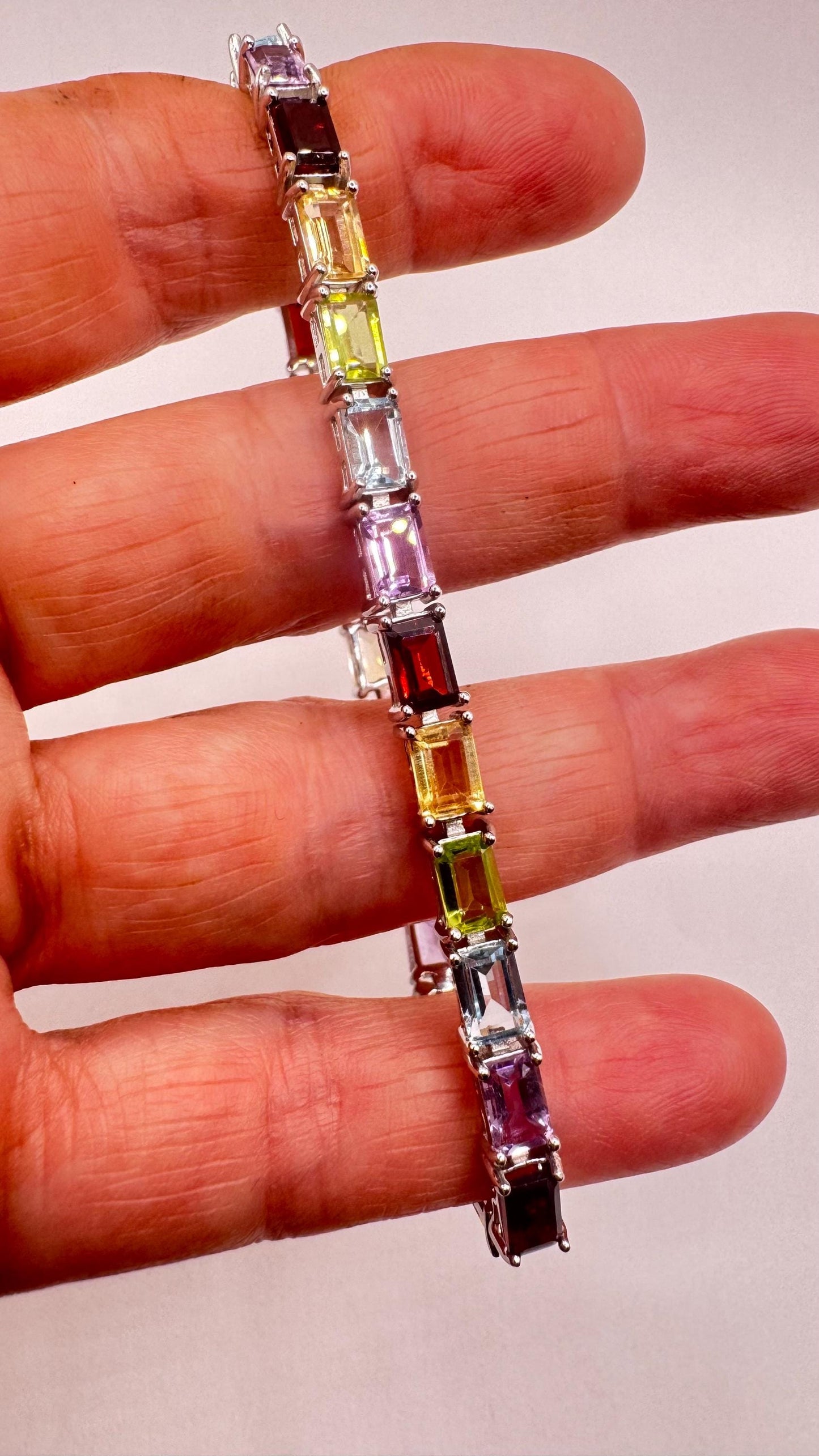 Handmade Genuine Mixed Gemstone 925 Sterling Silver Tennis Bracelet