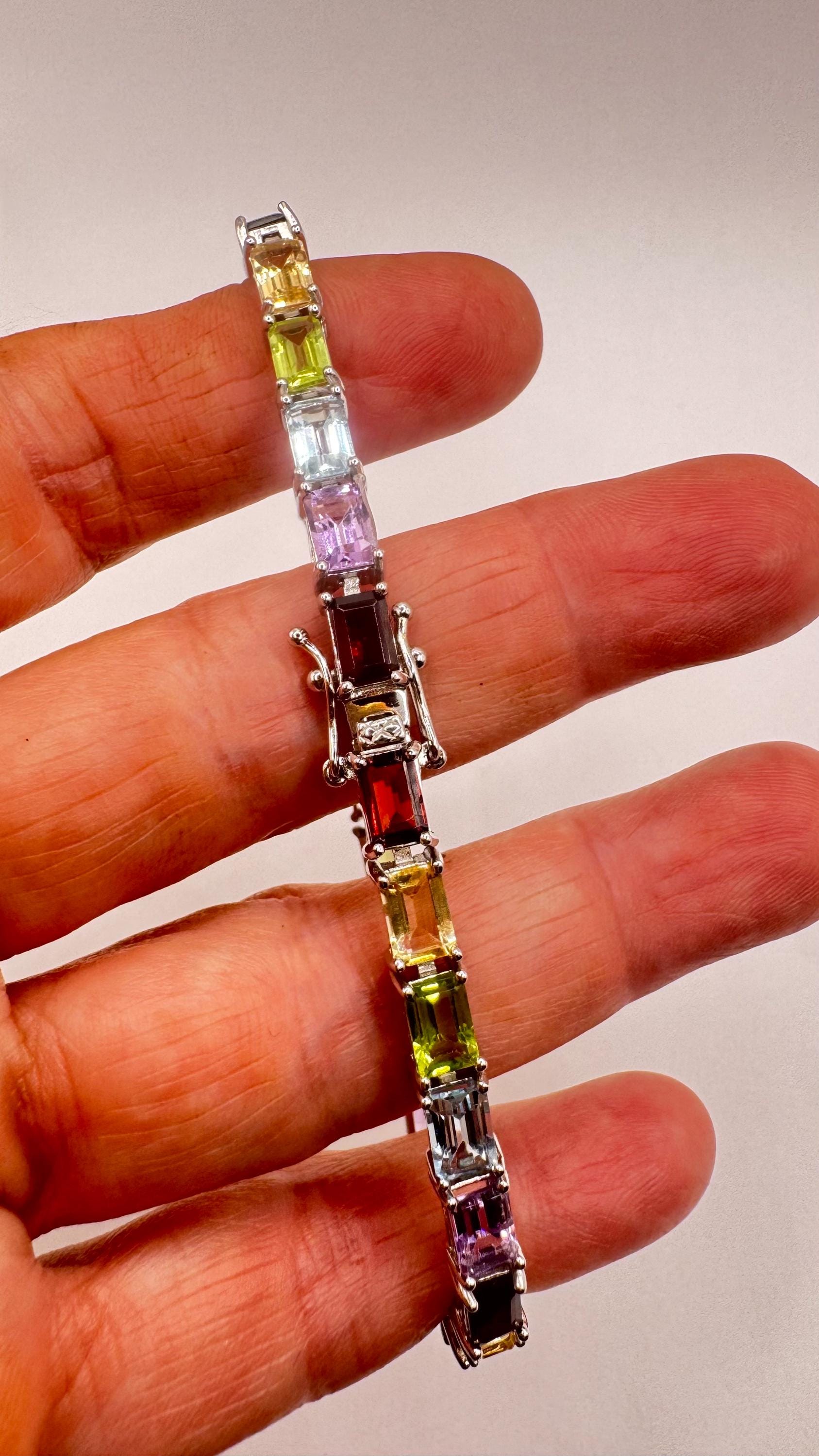Handmade Genuine Mixed Gemstone 925 Sterling Silver Tennis Bracelet