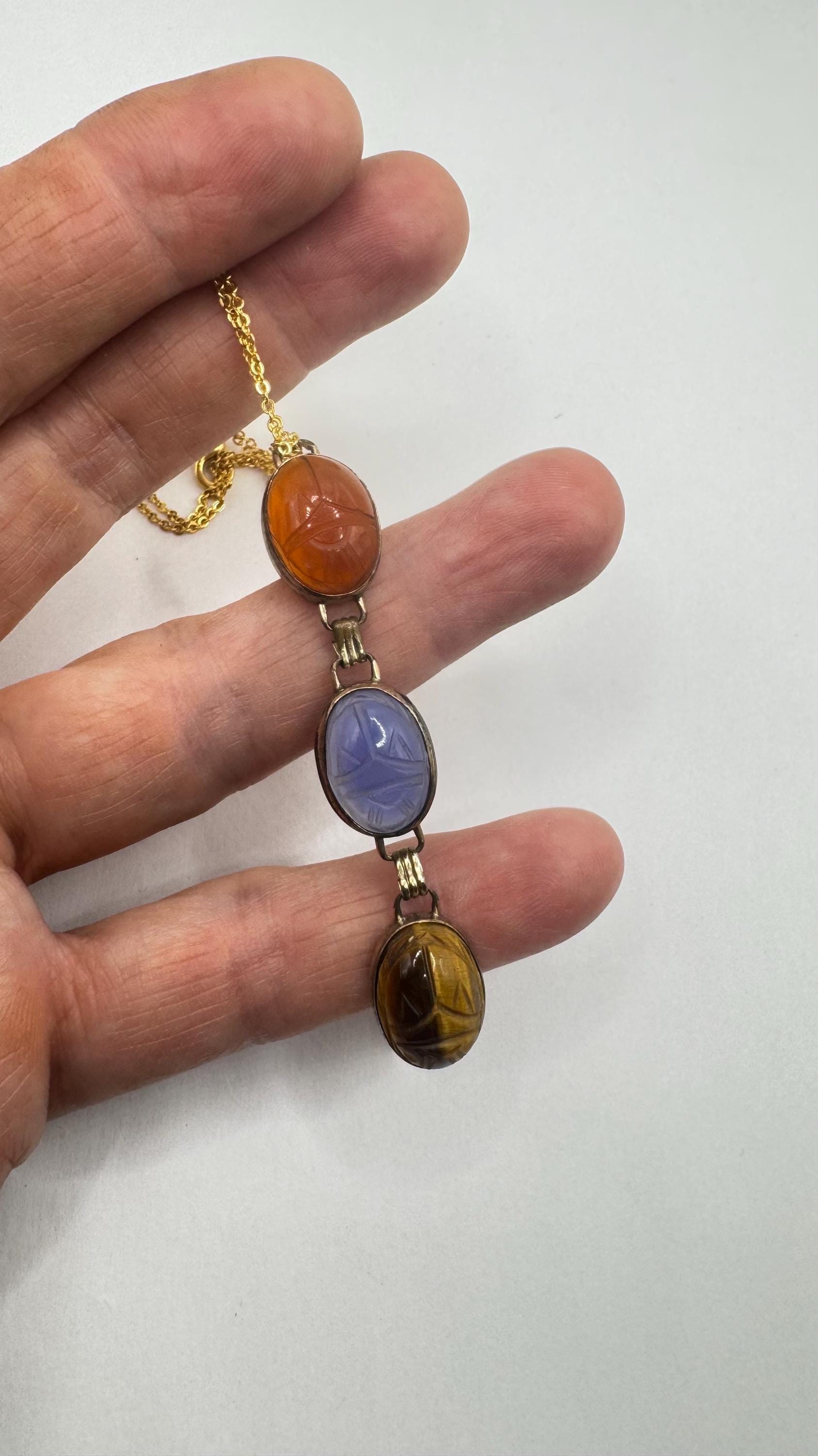 Vintage Carved Scarab Gemstone Gold Filled Choker Necklace