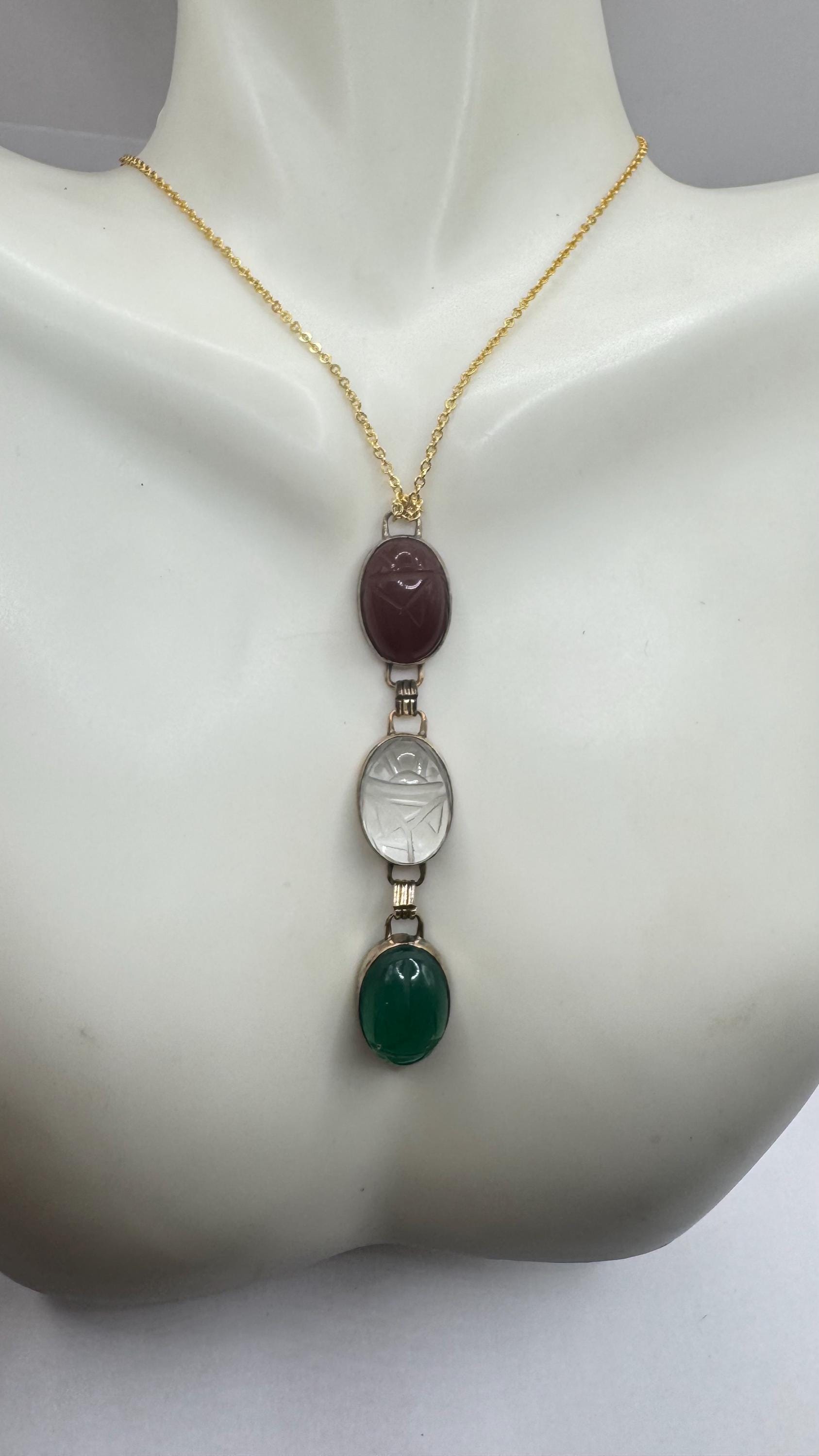 Vintage Carved Scarab Gemstone Gold Filled Choker Necklace