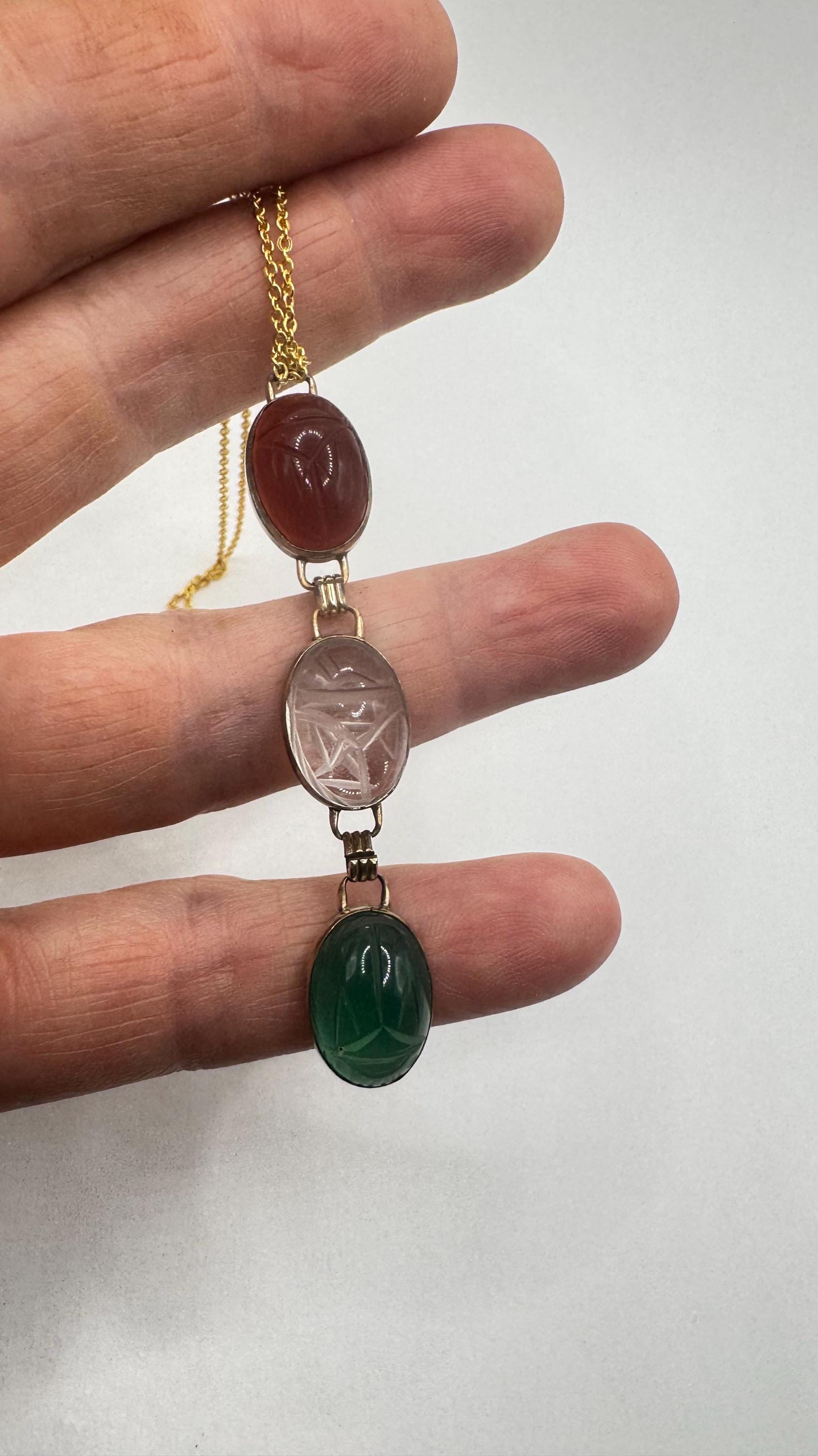 Vintage Carved Scarab Gemstone Gold Filled Choker Necklace