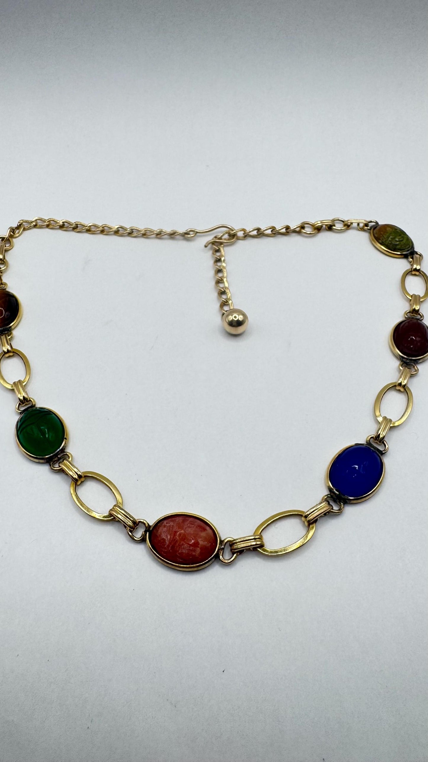 Vintage Green Jade Mixed Stone scarab Yellow 12k Gold Fill Necklace