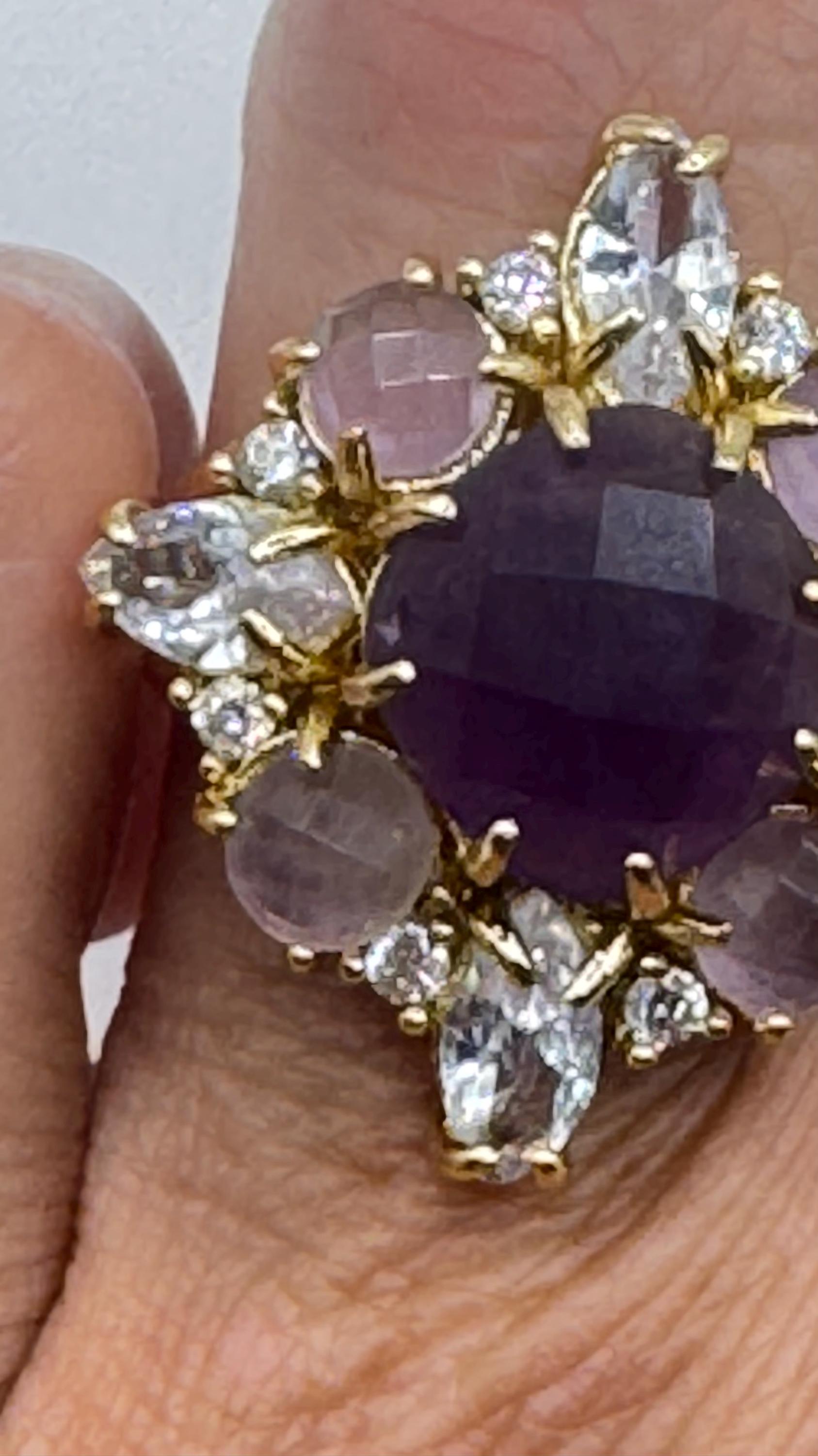 Vintage Boho Purple Amethyst gold chunky Cocktail adjustable ring