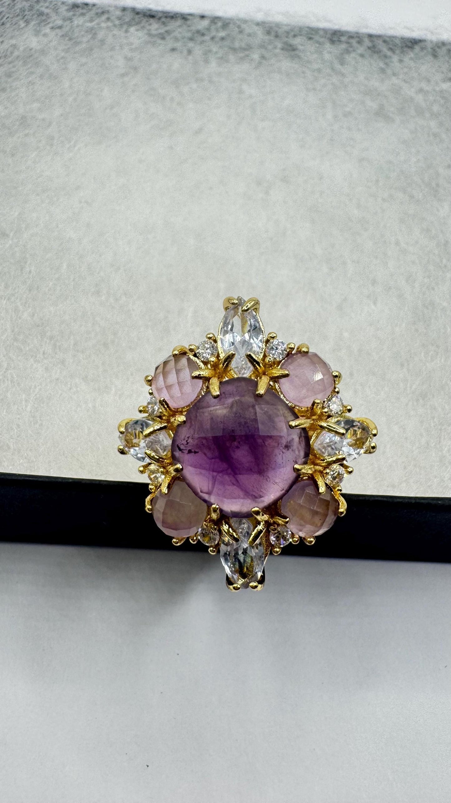Vintage Boho Purple Amethyst gold chunky Cocktail adjustable ring